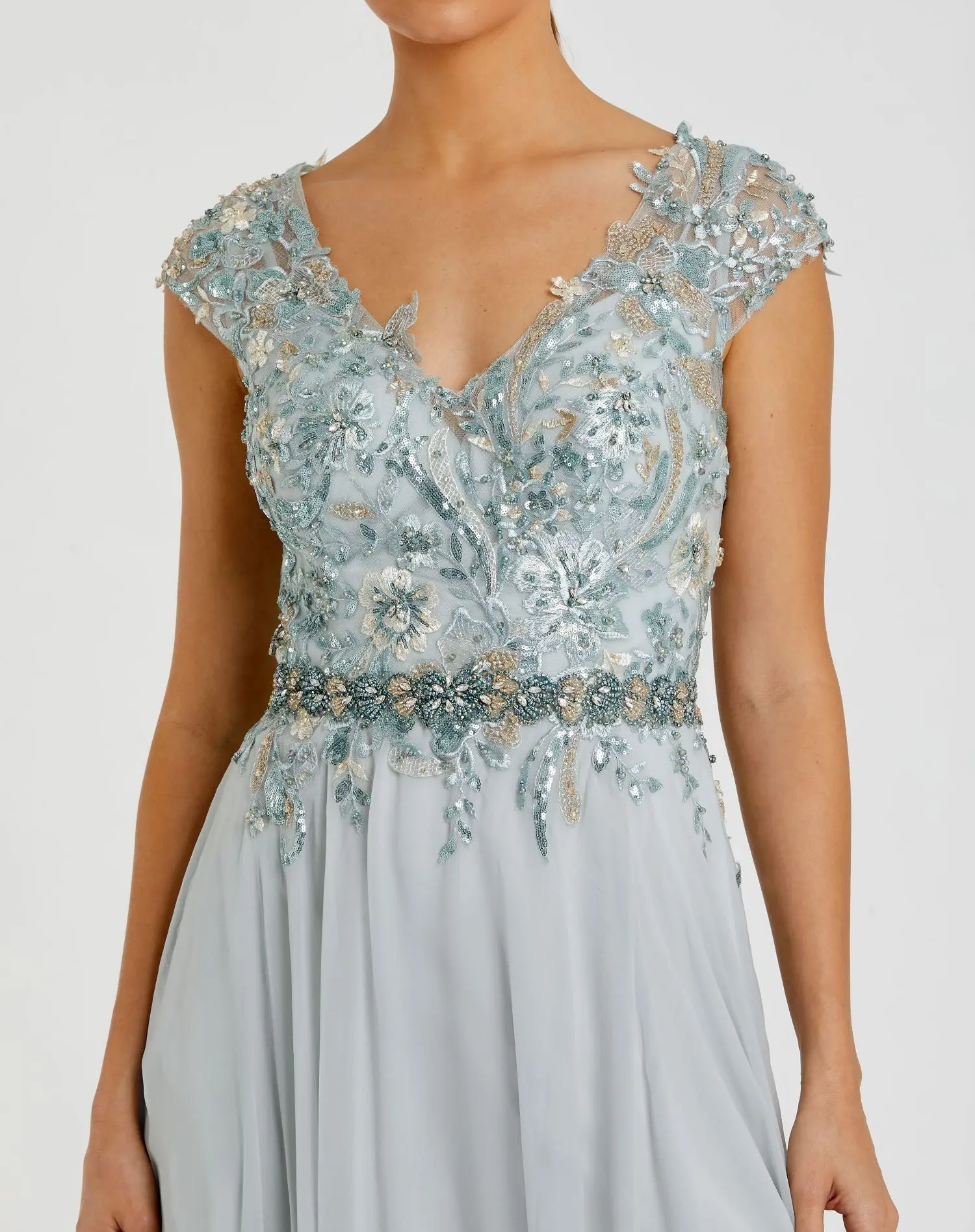 Blue Embellished Cap Sleeve Bodice Flowy Gown