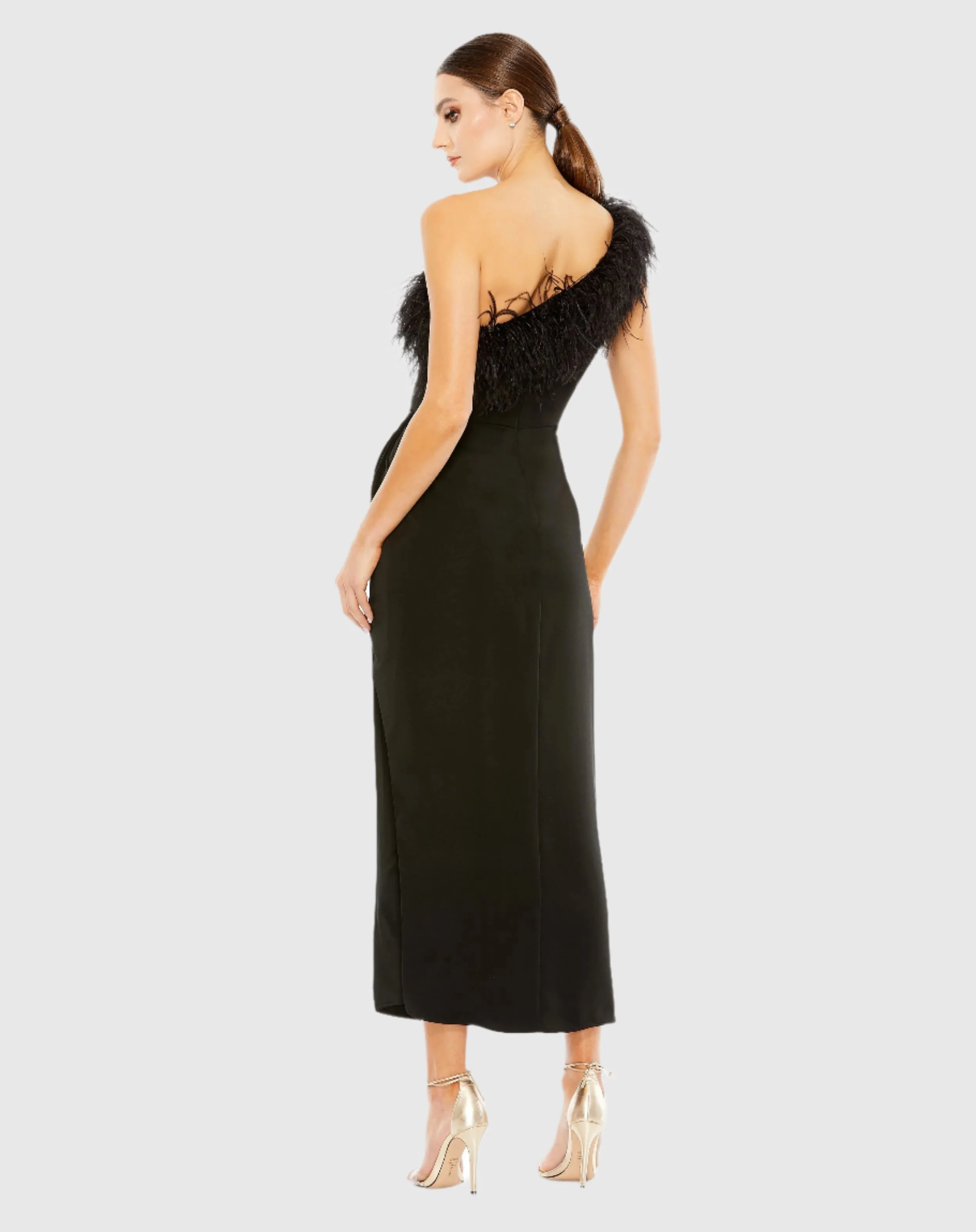 Black Feather Trim One Shoulder Draped Dress
