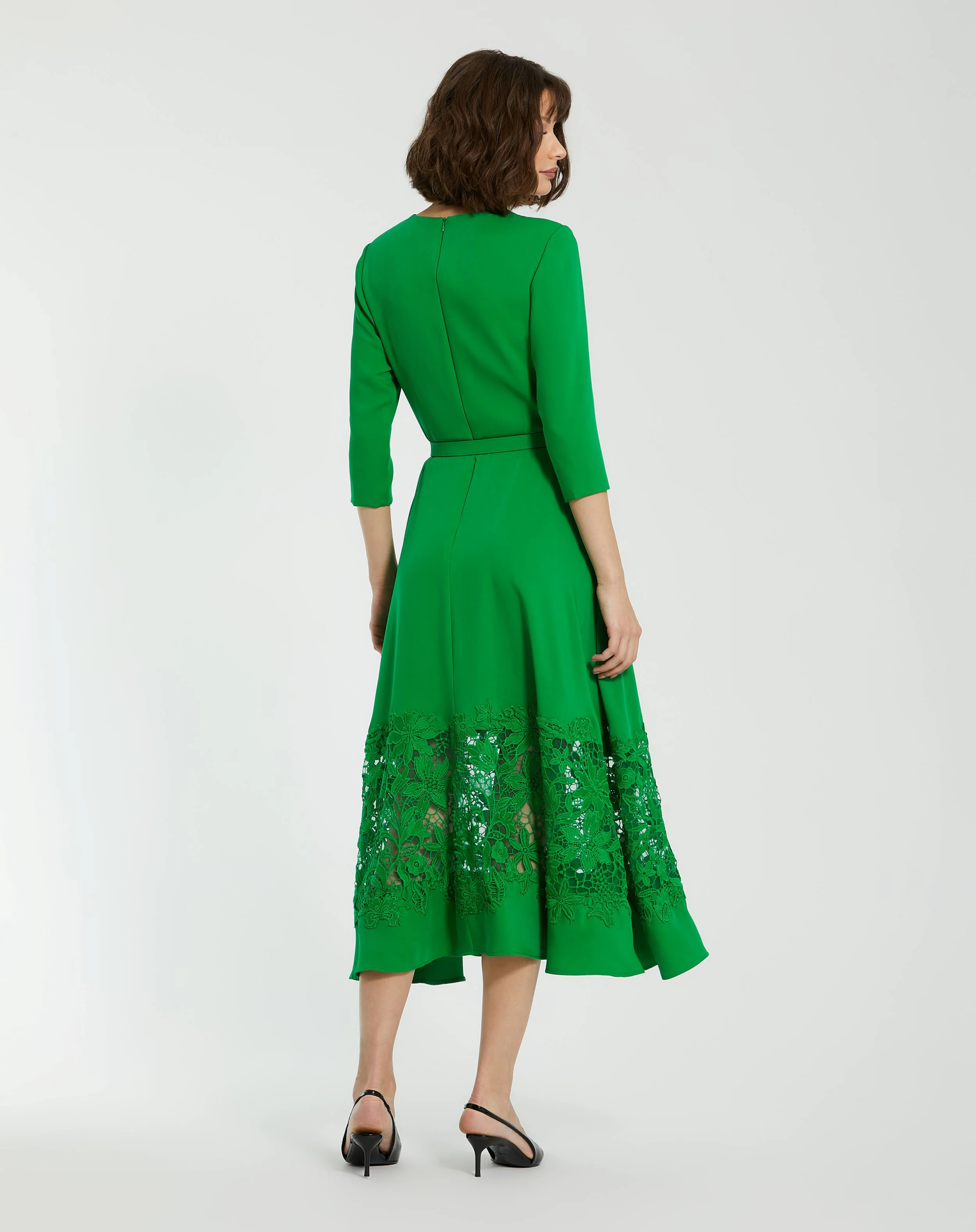 Green Crepe Boat Neck Midi Dress With Applique Cut Out