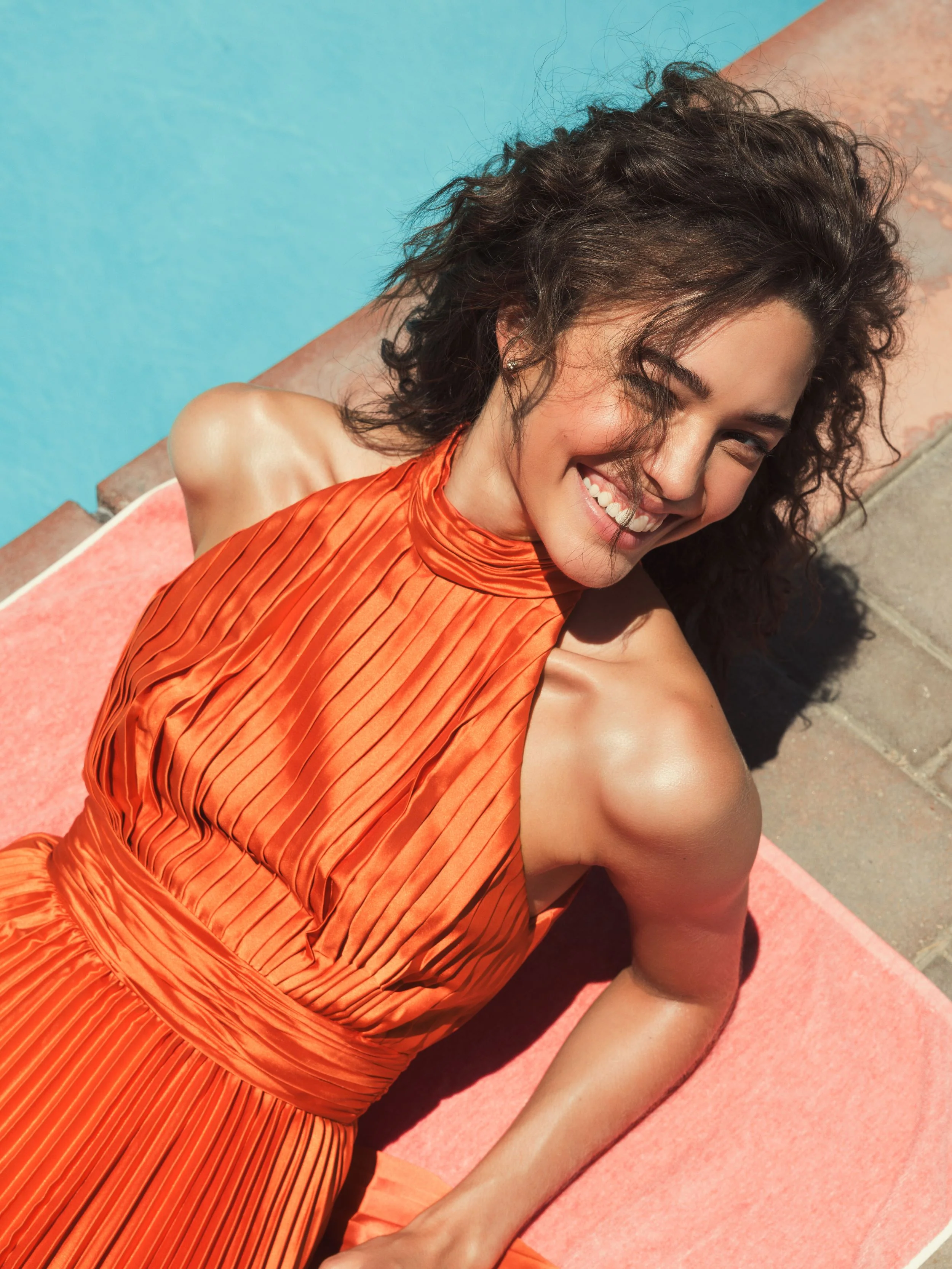 Orange Pleated High Neck Satin Sleeveless Halter Gown