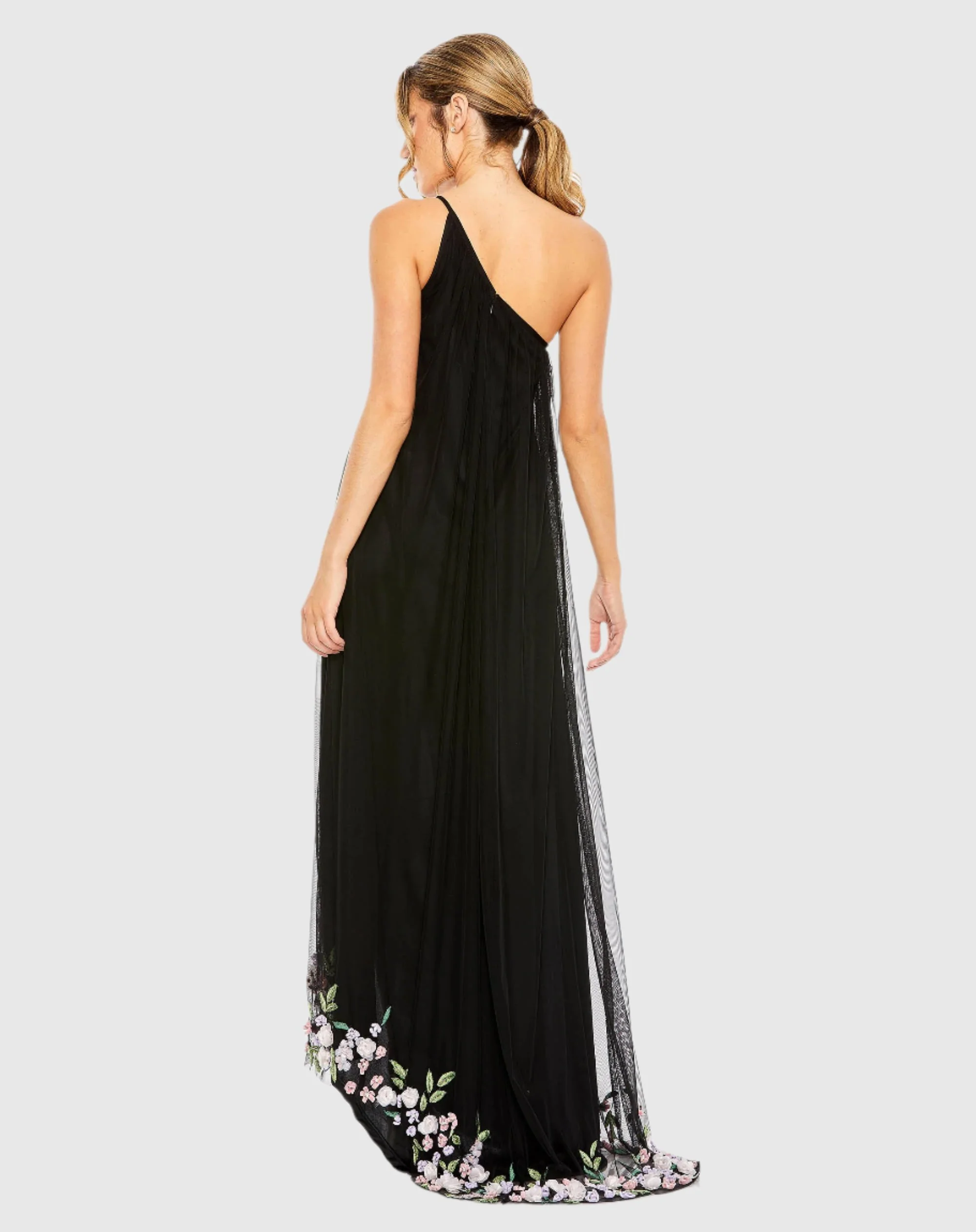 Black One Shoulder Trapeze Embellished High Low Gown