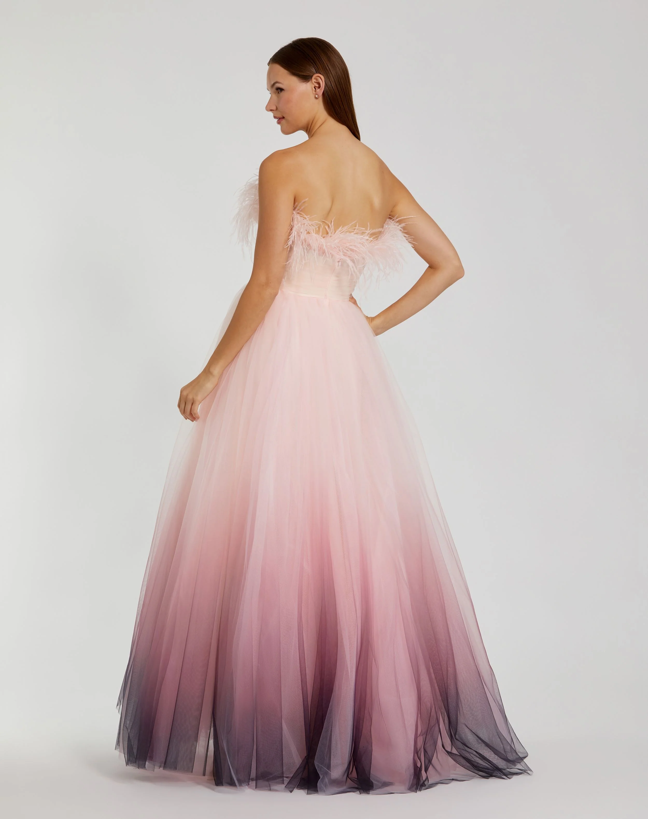 Pink Ombre Strapless Feather Bodice Tulle Gown