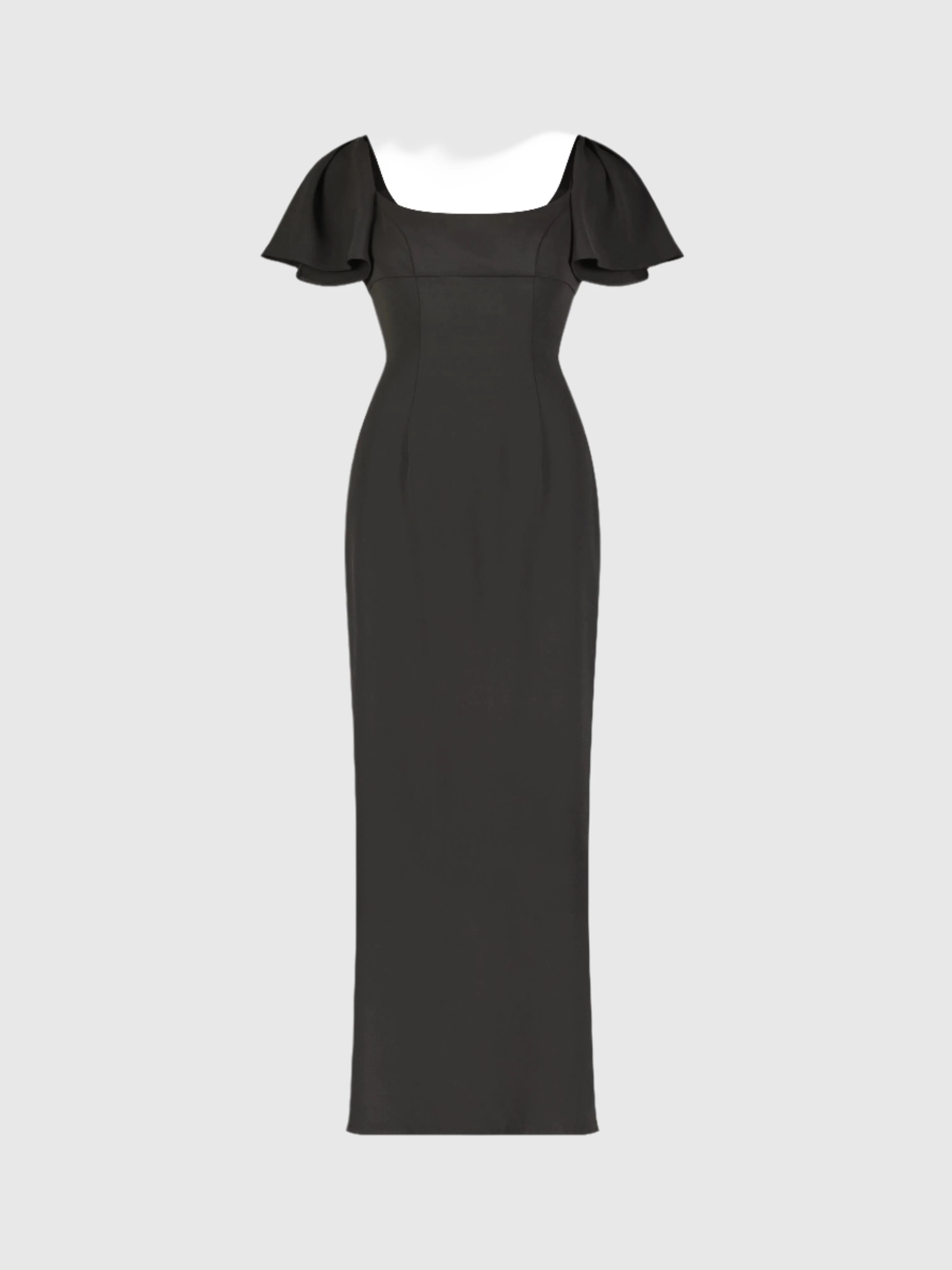 Black Crepe Fitted Long Dress With Short Ruffle Sleeves