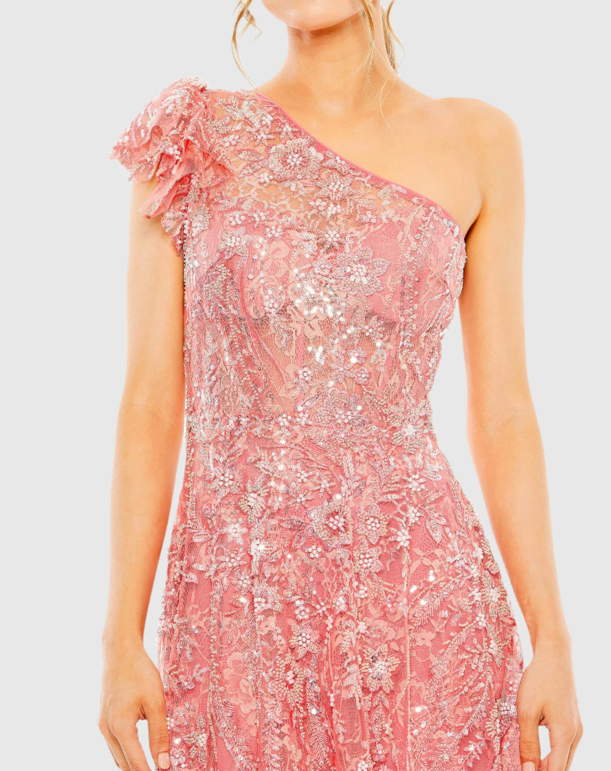 One Shoulder Flutter Sleeve Embellished Gown