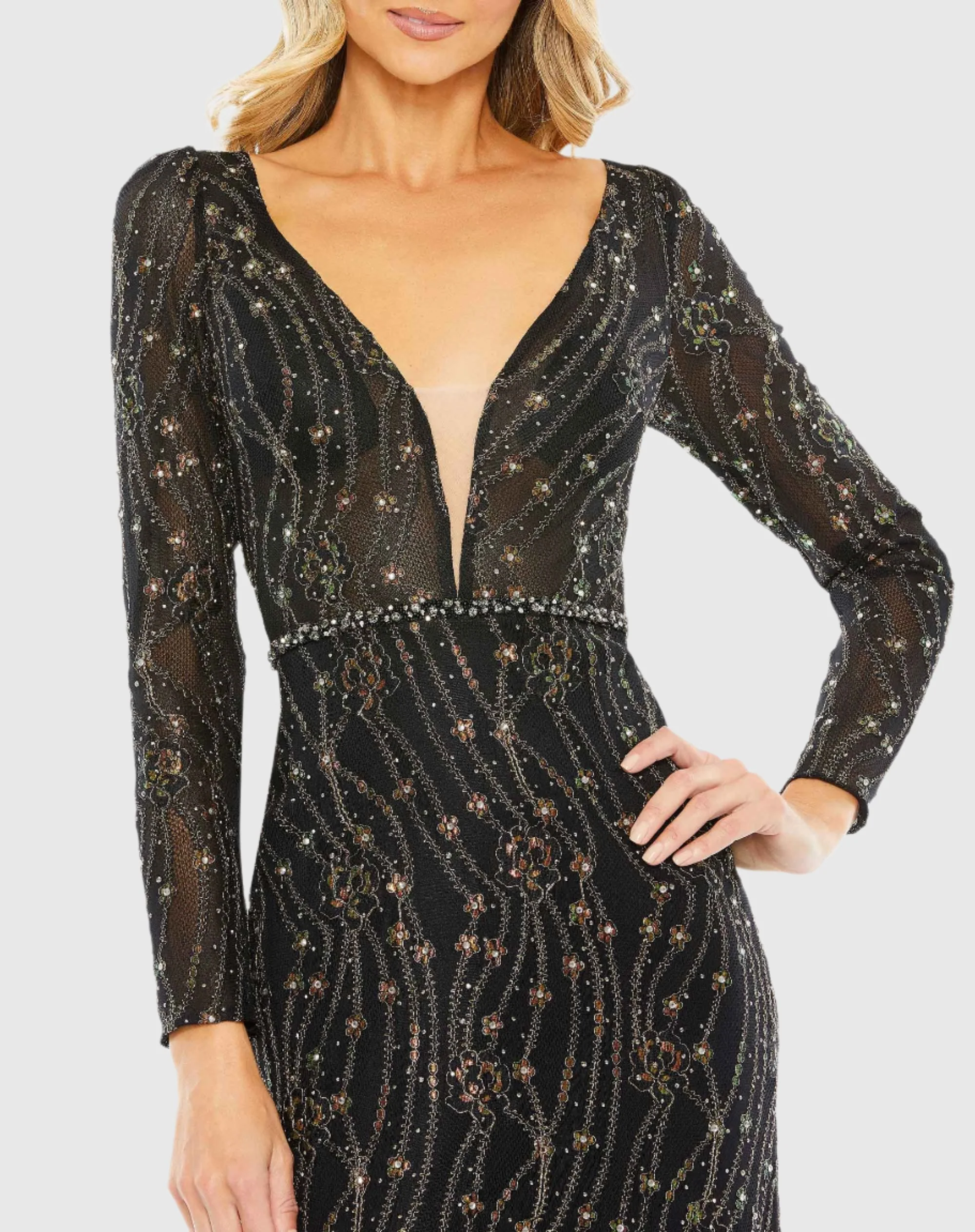 Black Embellished Long Sleeve Plunge Trumpet Gown
