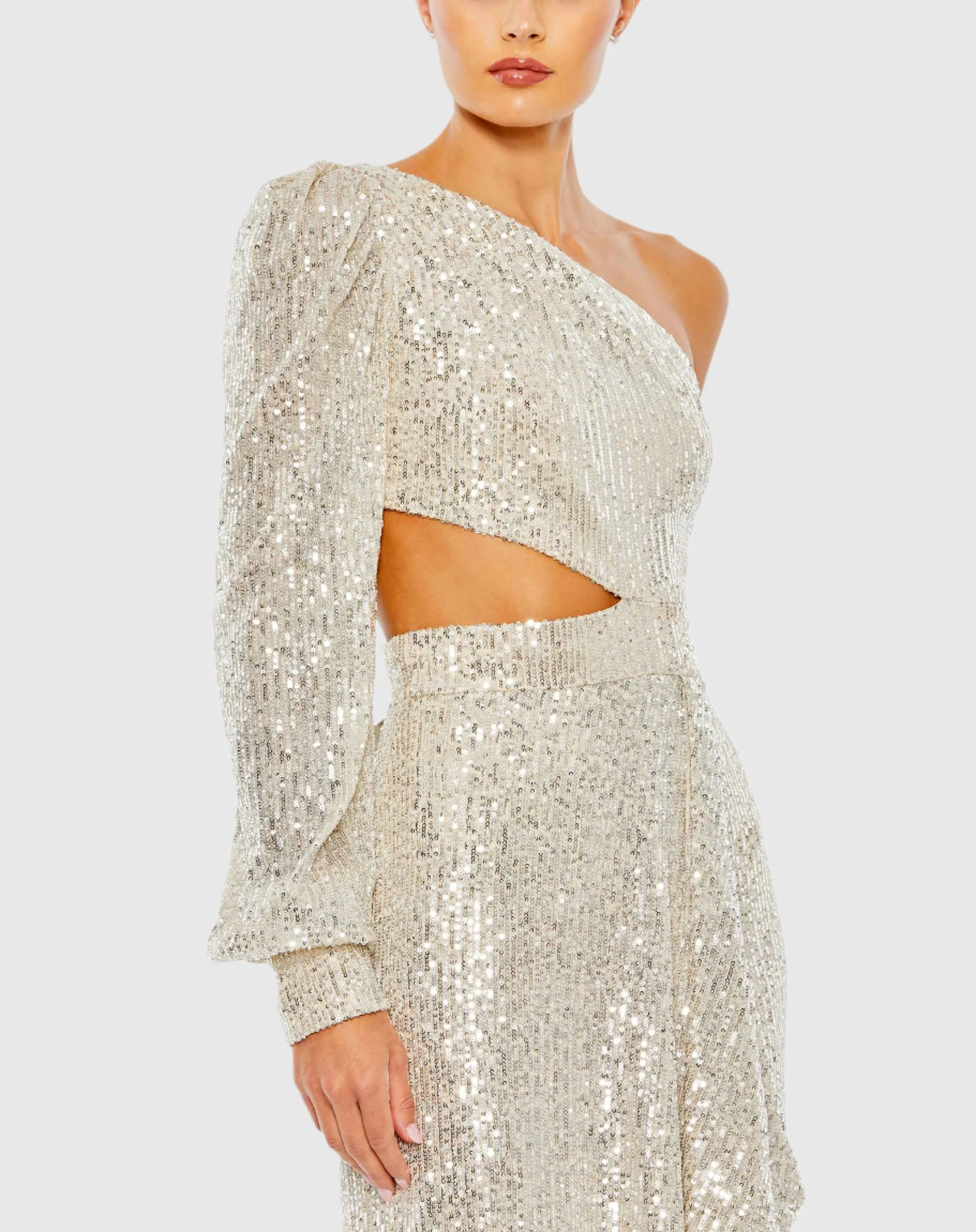 Silver Sequined One Shoulder Cut Out Gown