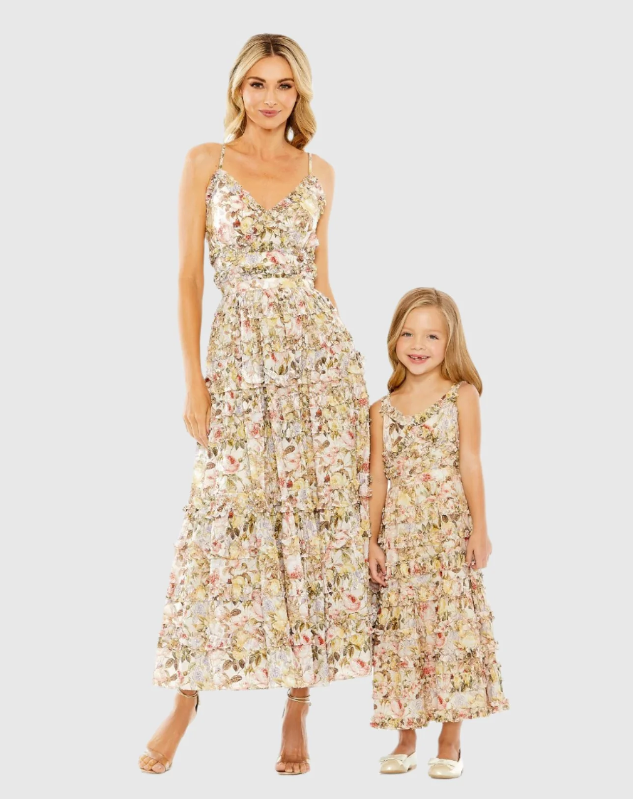 Beige Girls Floral Print Ruffle Tiered Midi Dress