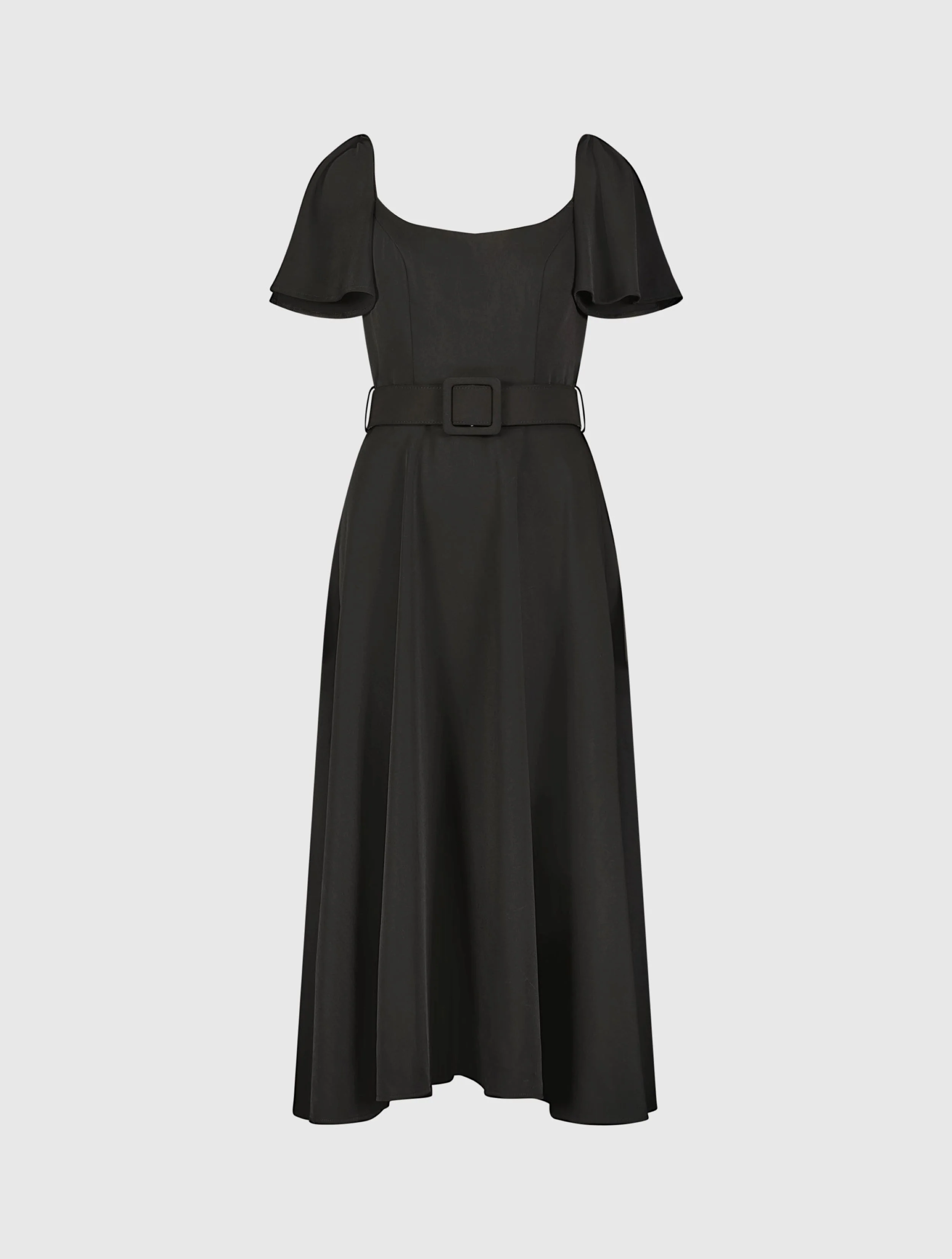 Black Crepe Ruffle Sleeve Midi Dress With Belt