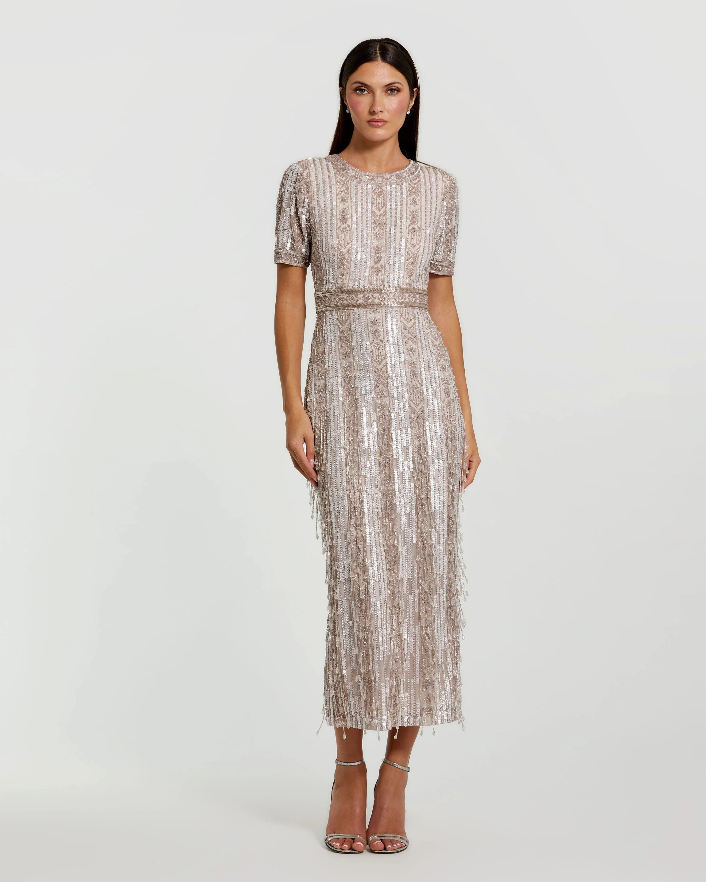 Pink High Neck Short Sleeve Crystal Fringe Sheath Dress