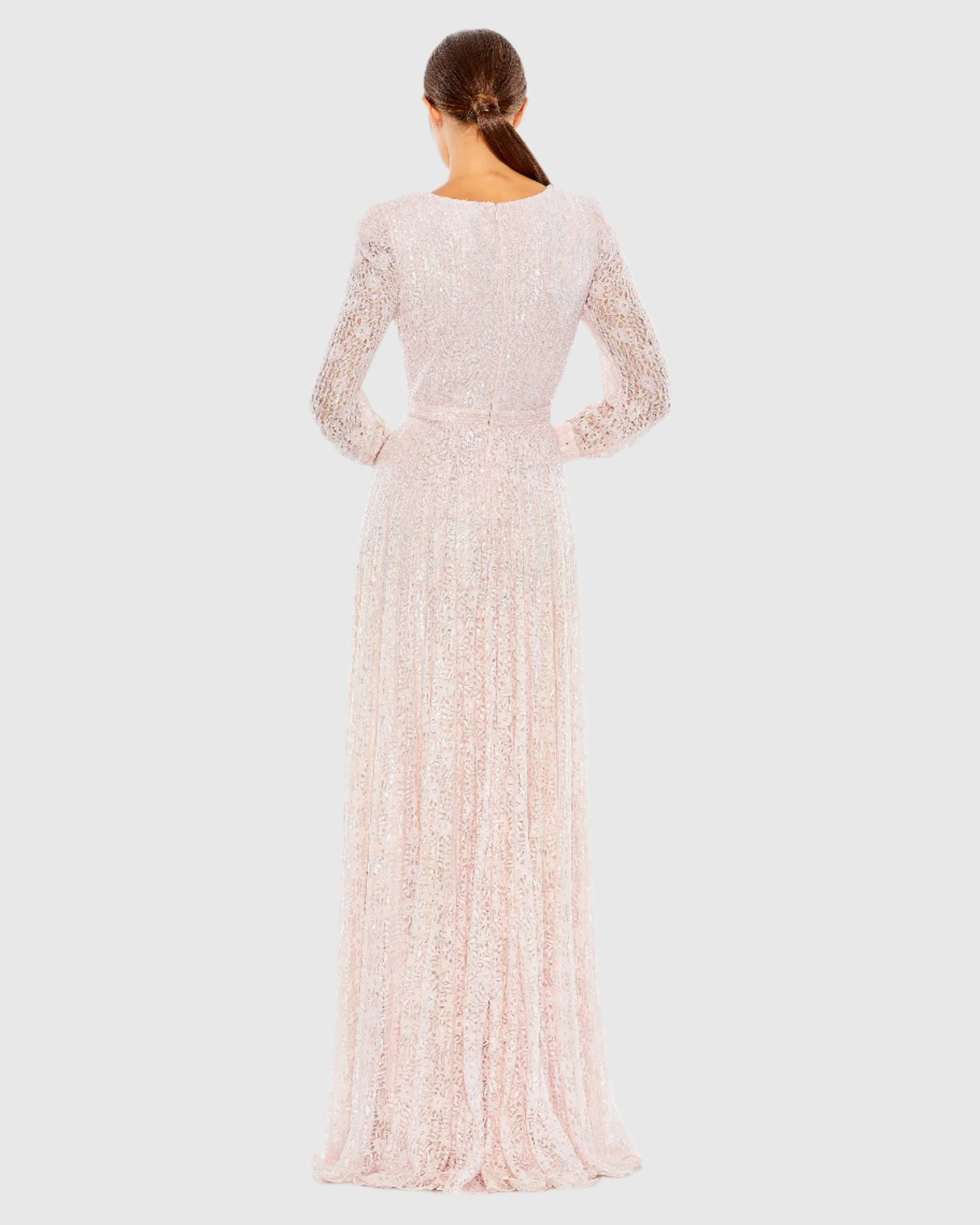 Pink Beaded Lace Long Sleeve Wrap Over Gown