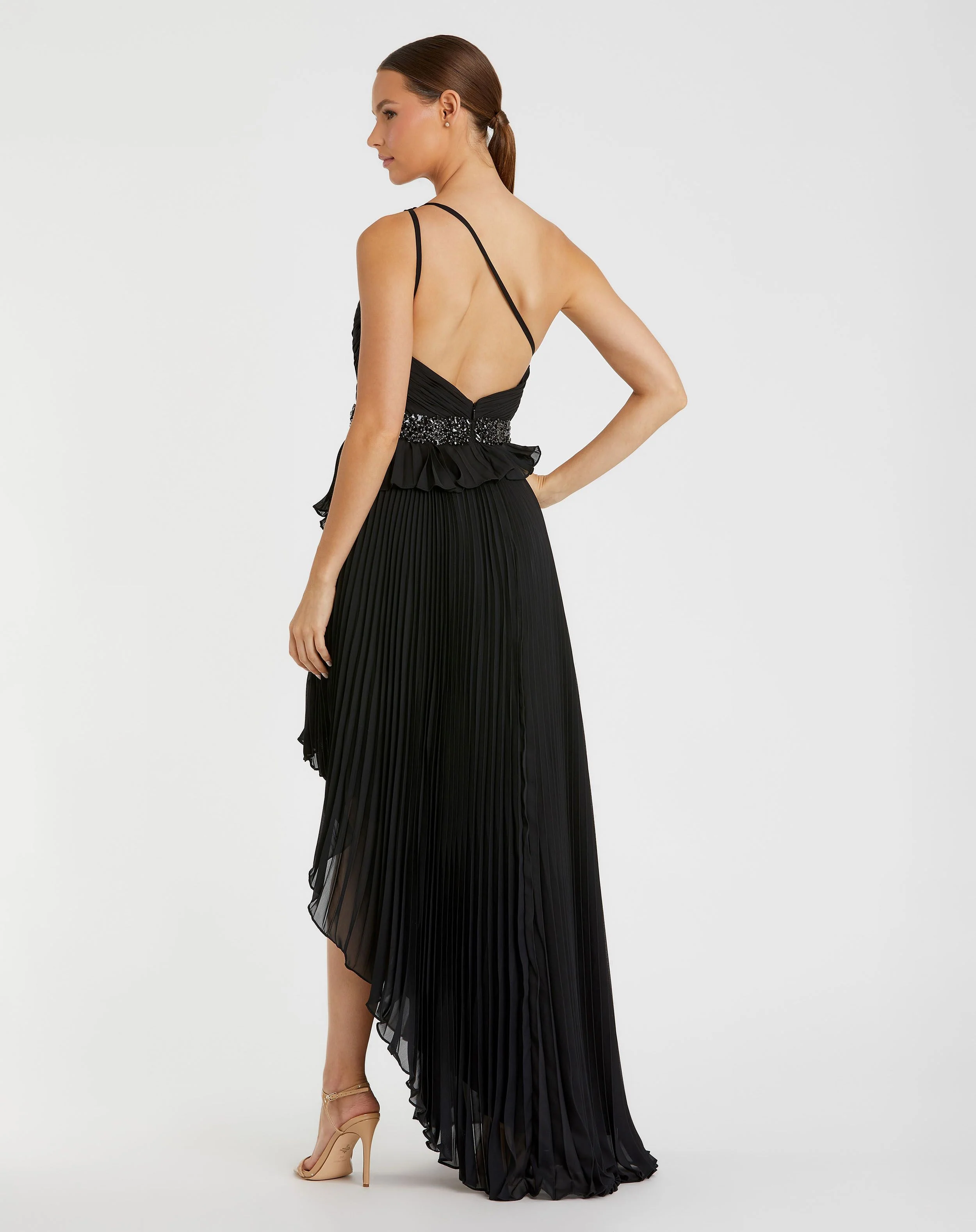Black Pleated One Shoulder Asymmetrical Ruffle Hem Gown