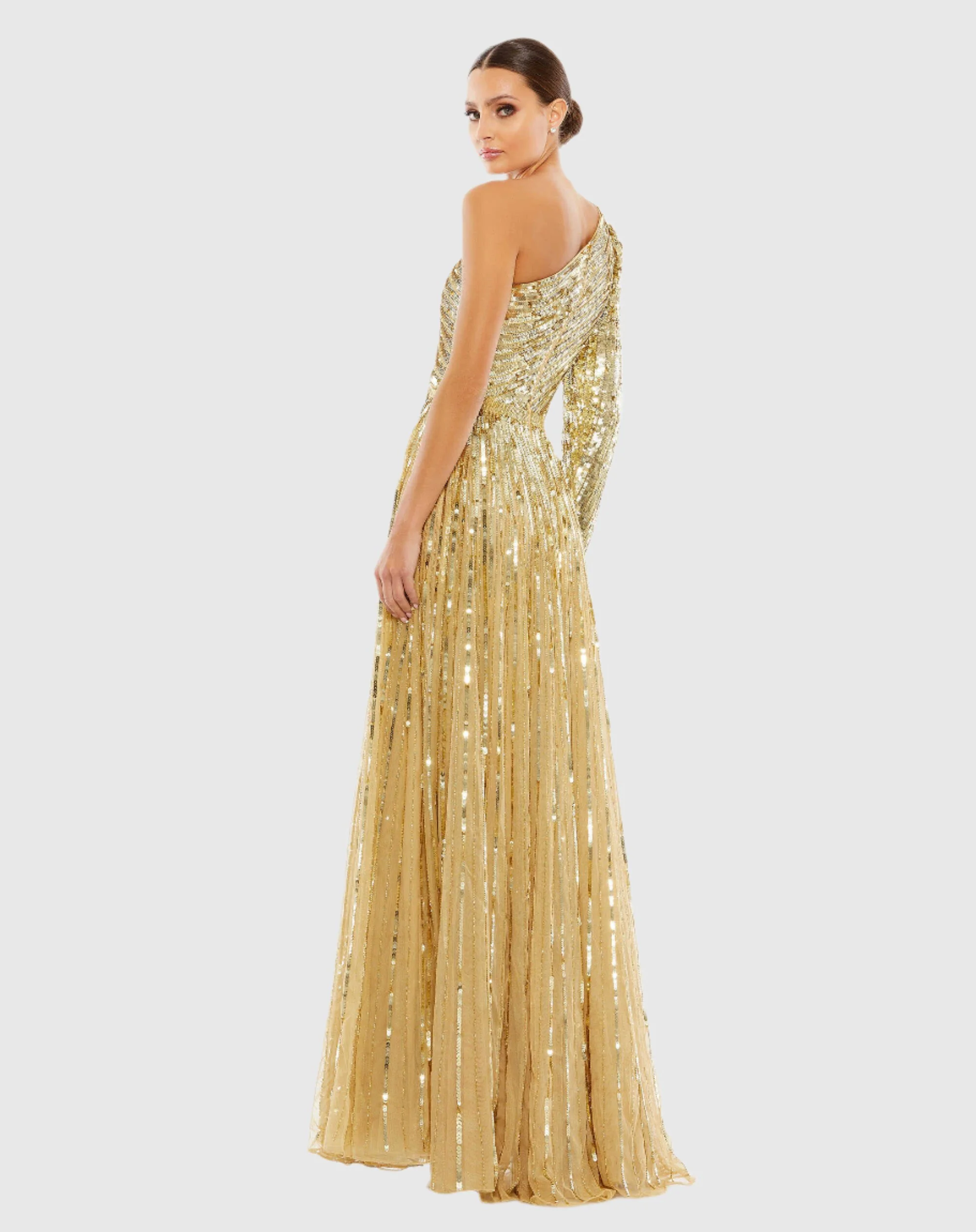Gold Sequined One Shoulder A Line Gown