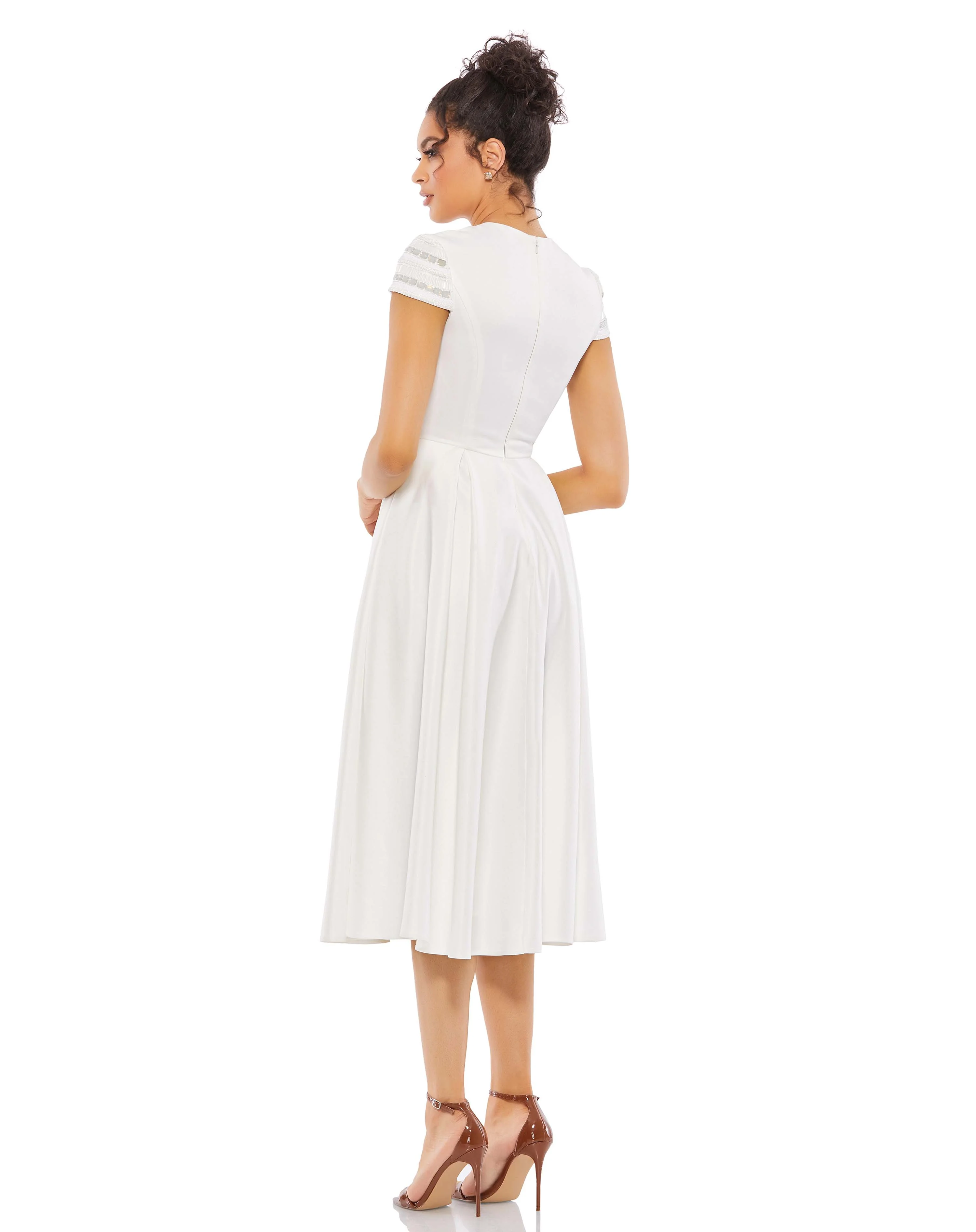 White High Neck Cap Sleeve Tea Length Dress