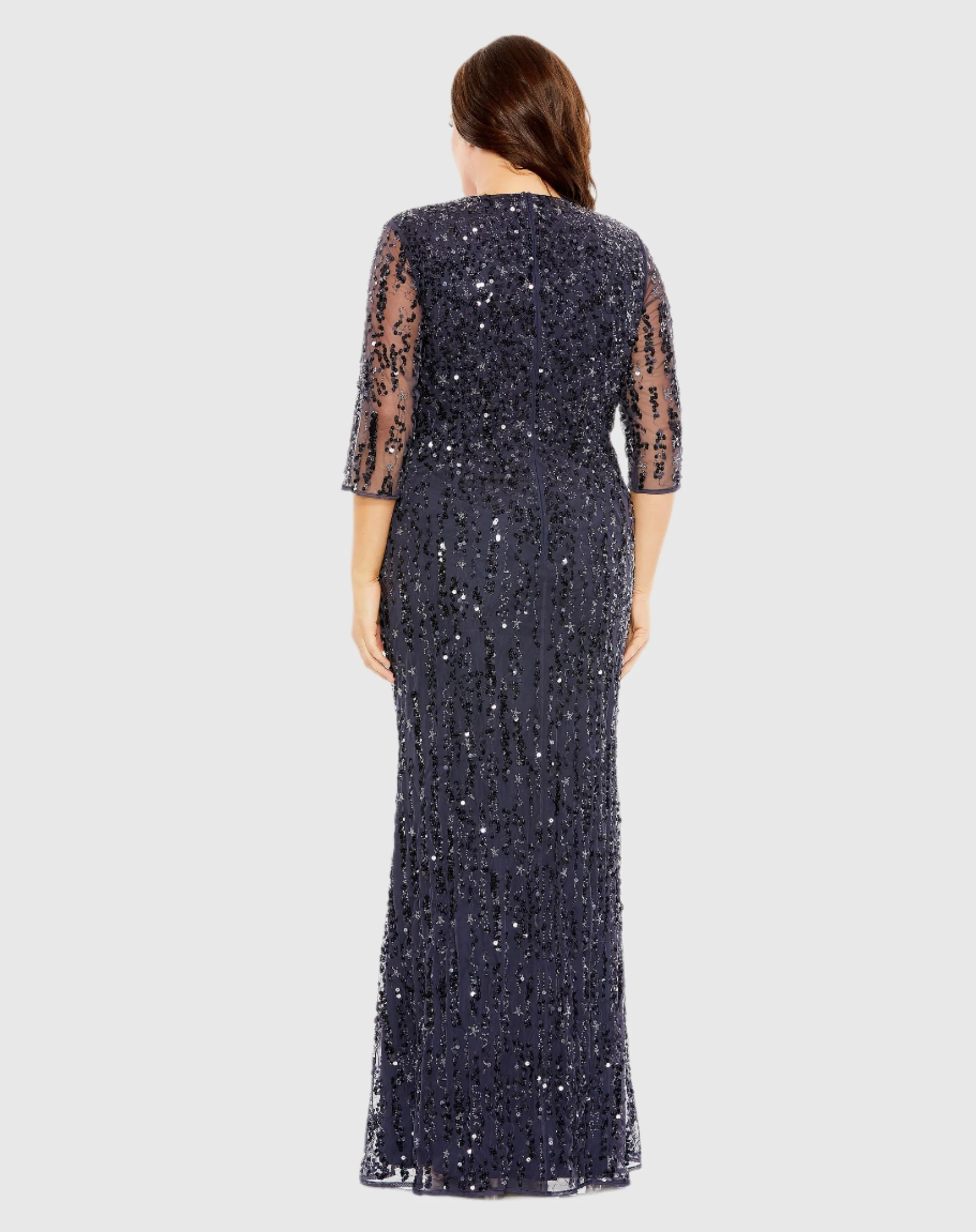 Navy Mid Length Mesh Sleeve V Neck Embellished Gown