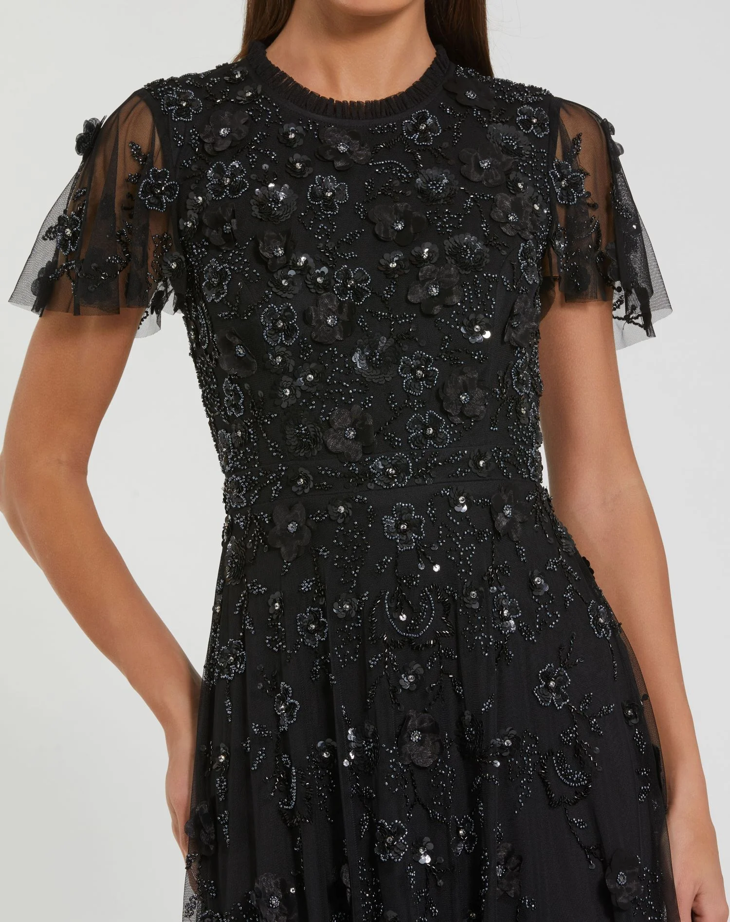 Black Embellished High Neck Cap Sleeve A Line Dress