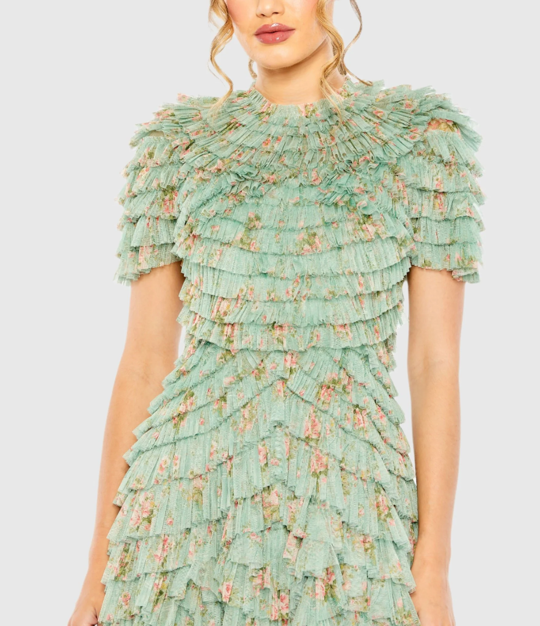 Green Ruffle Tiered Short Sleeve A Line Dress