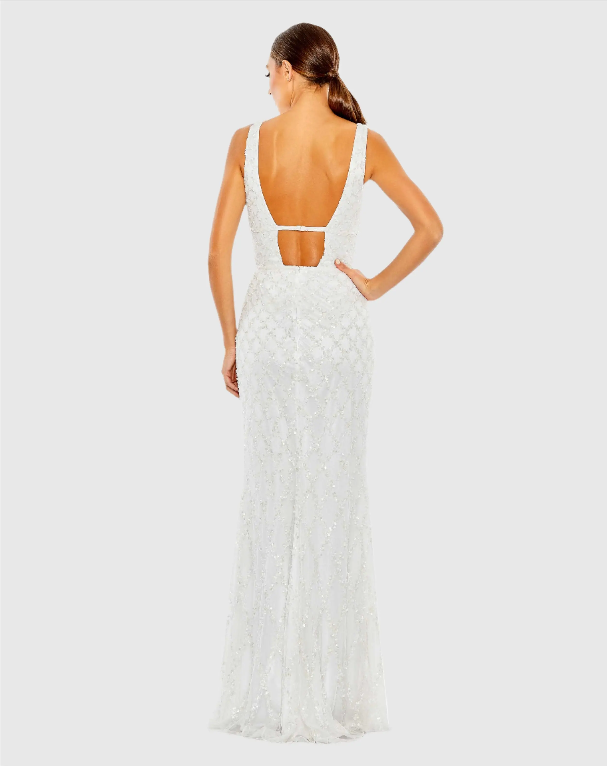 White Sequined Plunge Neck Sleeveless Column Gown