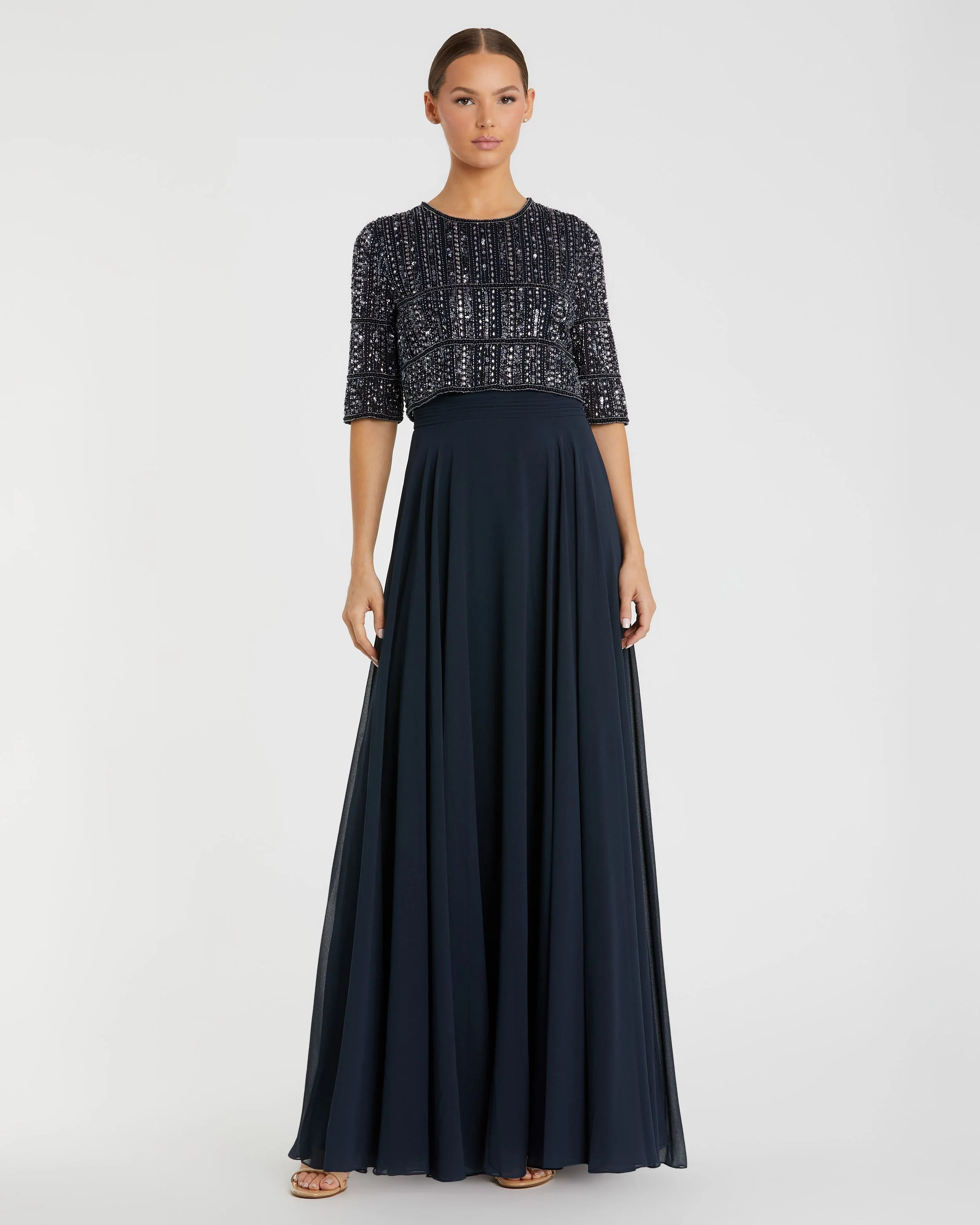 Chiffon Gown w/ Fully Beaded 3/4 Sleeve Top
