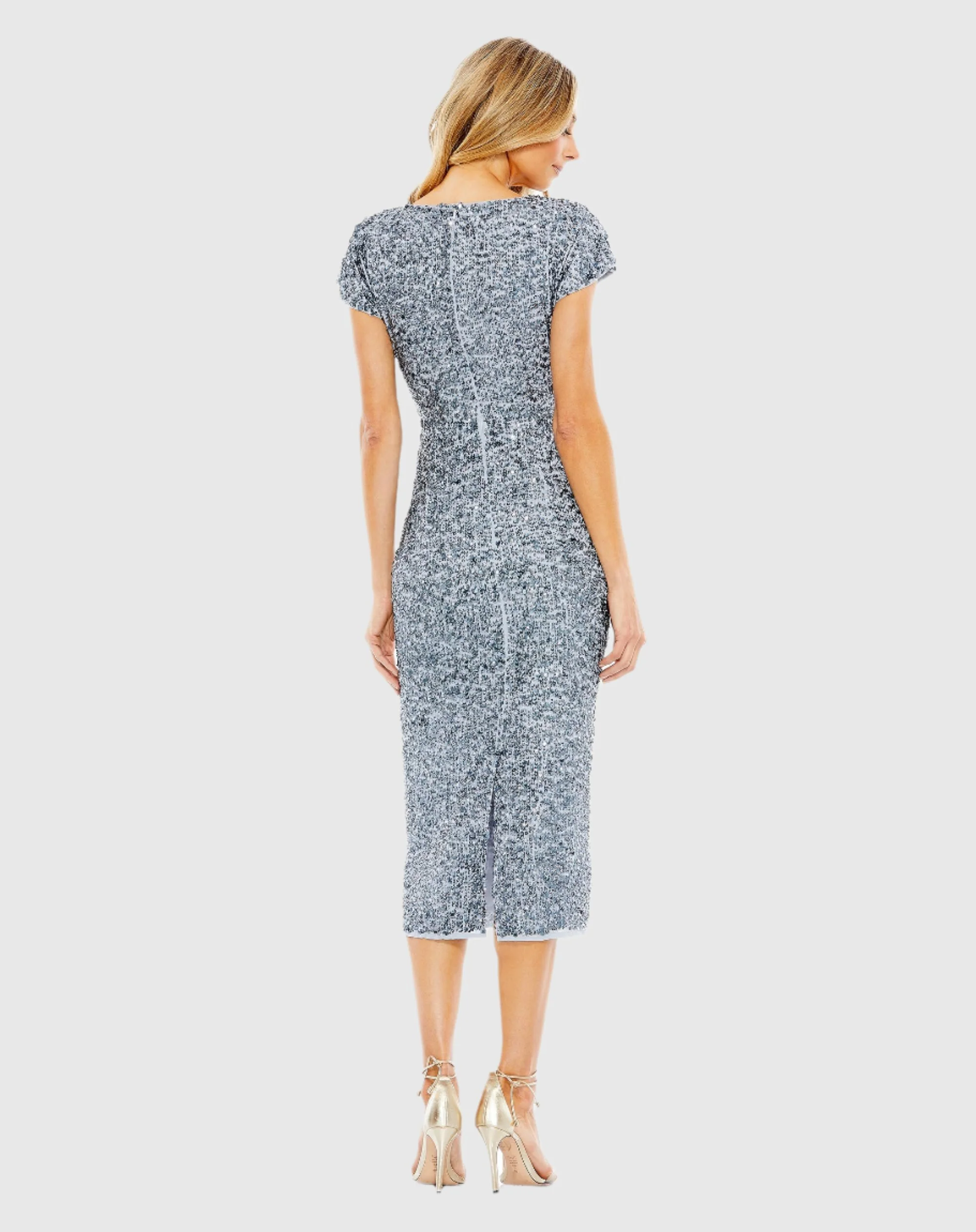 Blue Sequined Short Sleeve Wrap Over Cocktail Dress