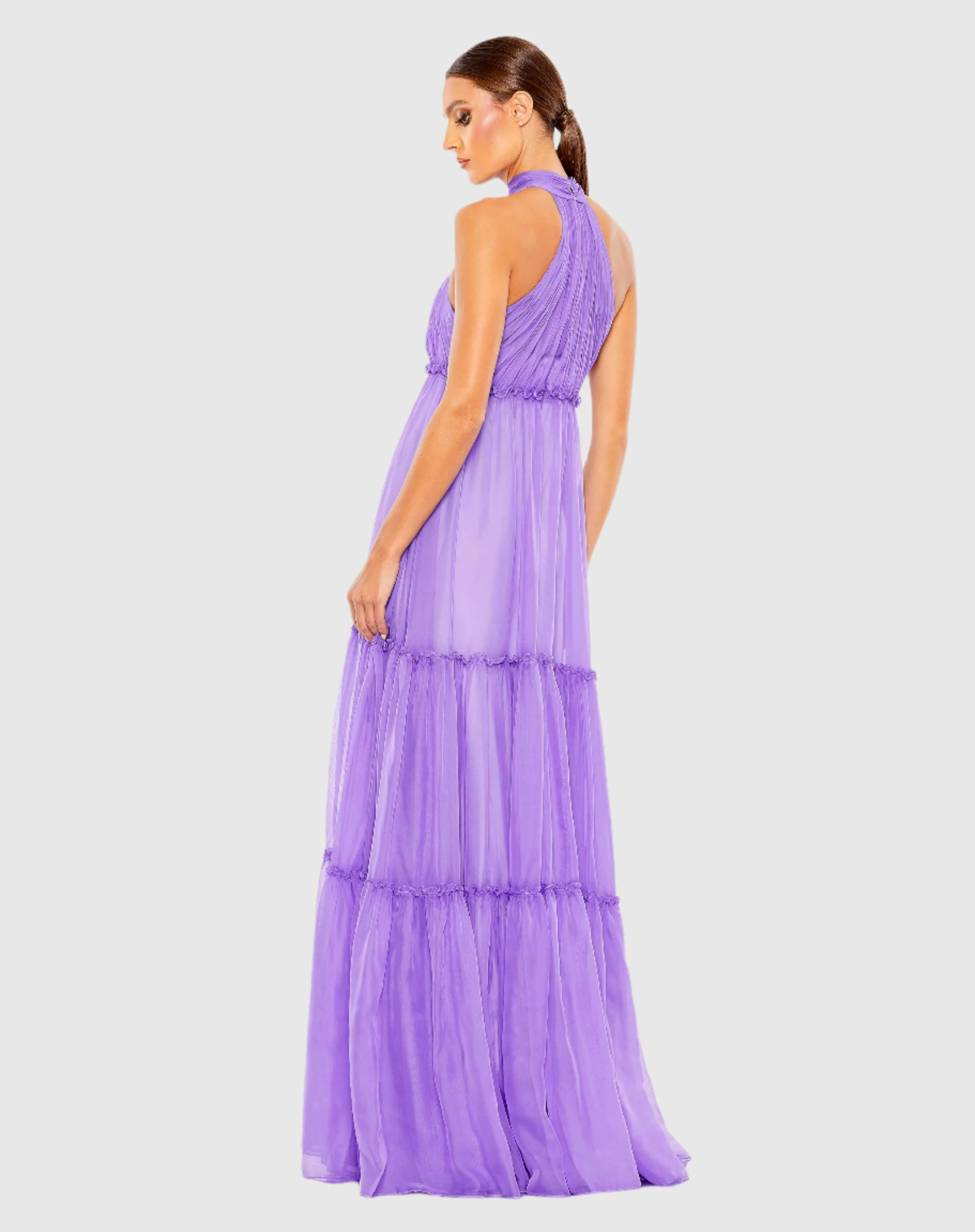 Purple Ruched Tiered High Neck Bow A Line Gown
