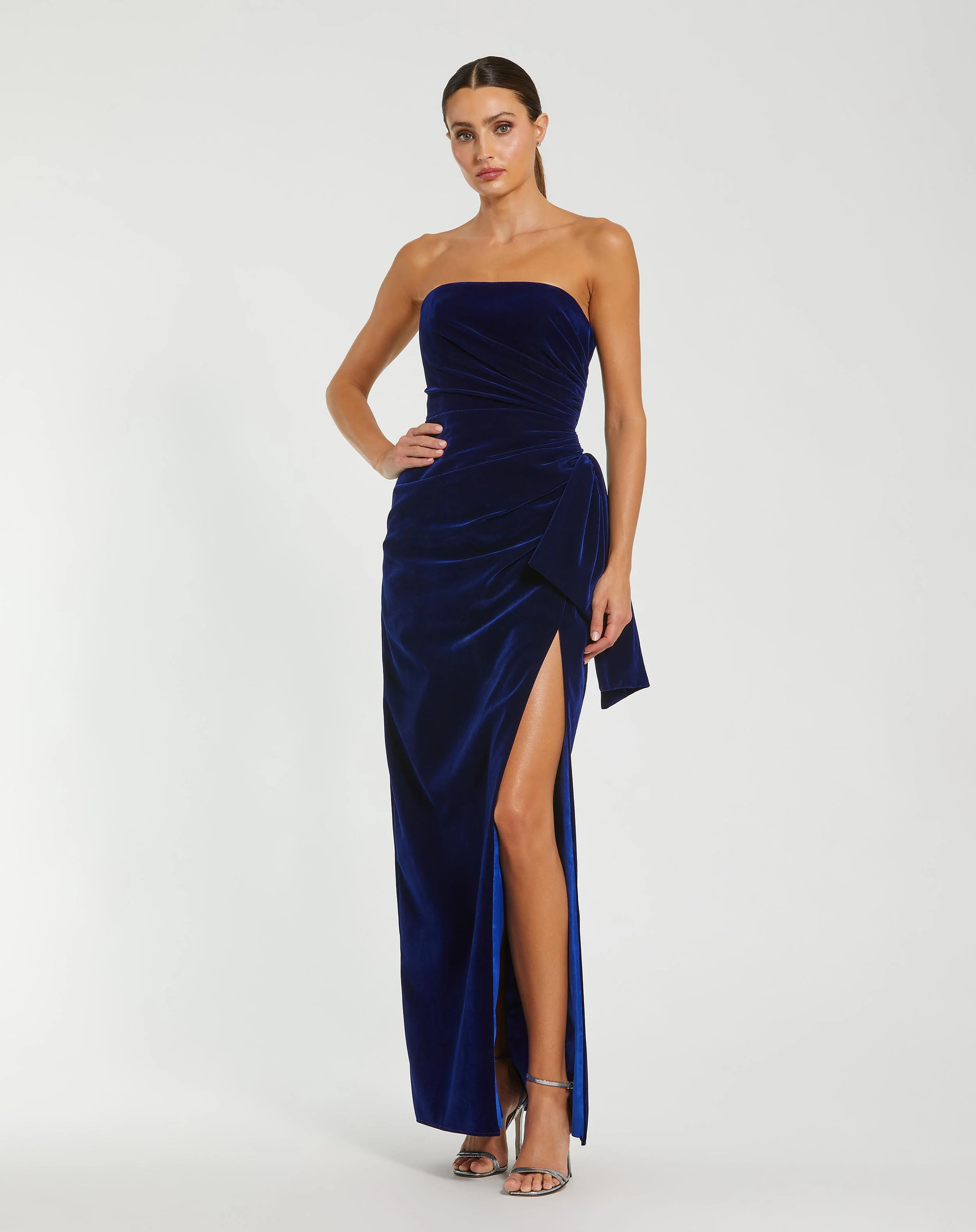 Blue Strapless High Slit Draped Velvet Gown