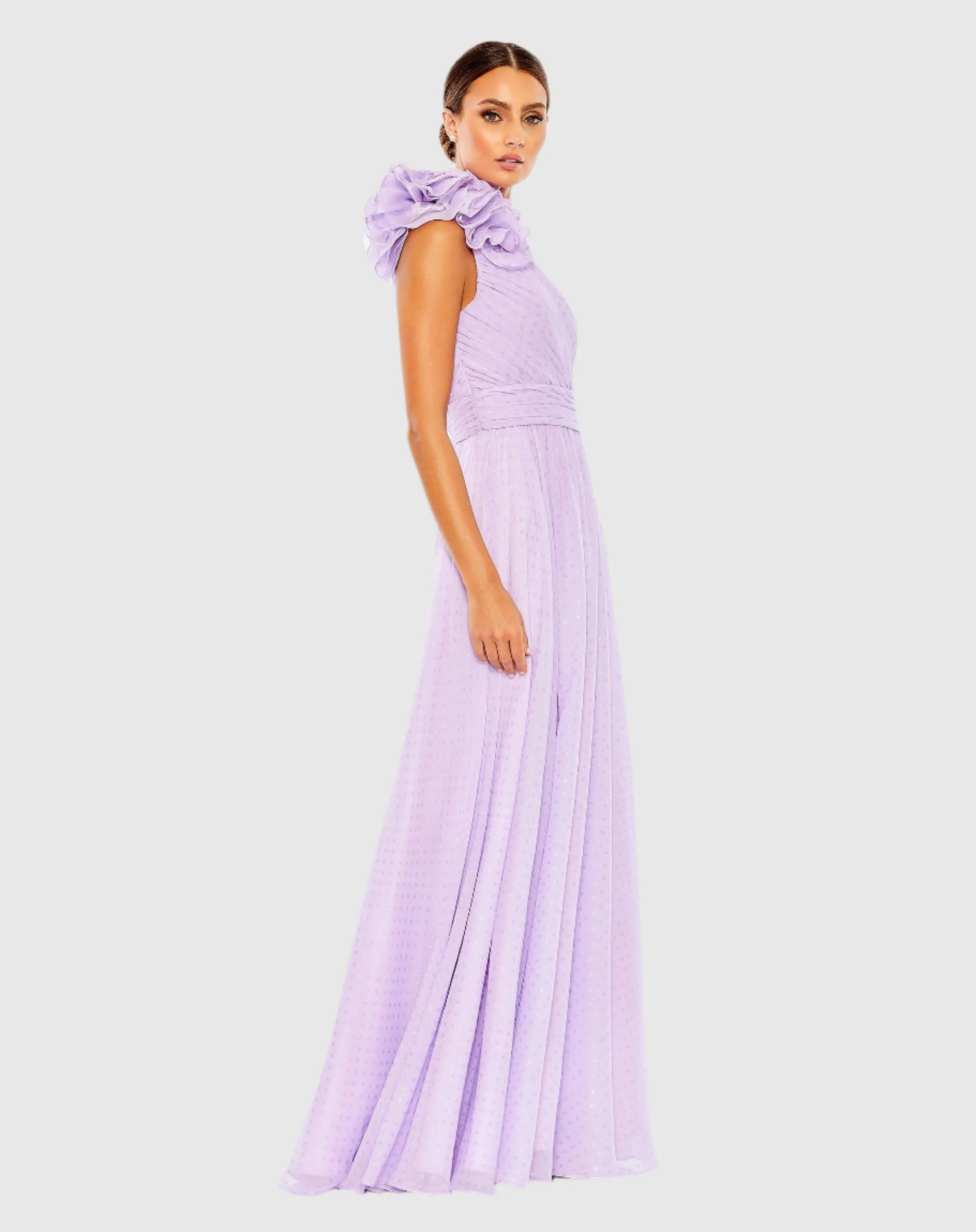 Purple Polka Dot Ruffled One Shoulder Gown