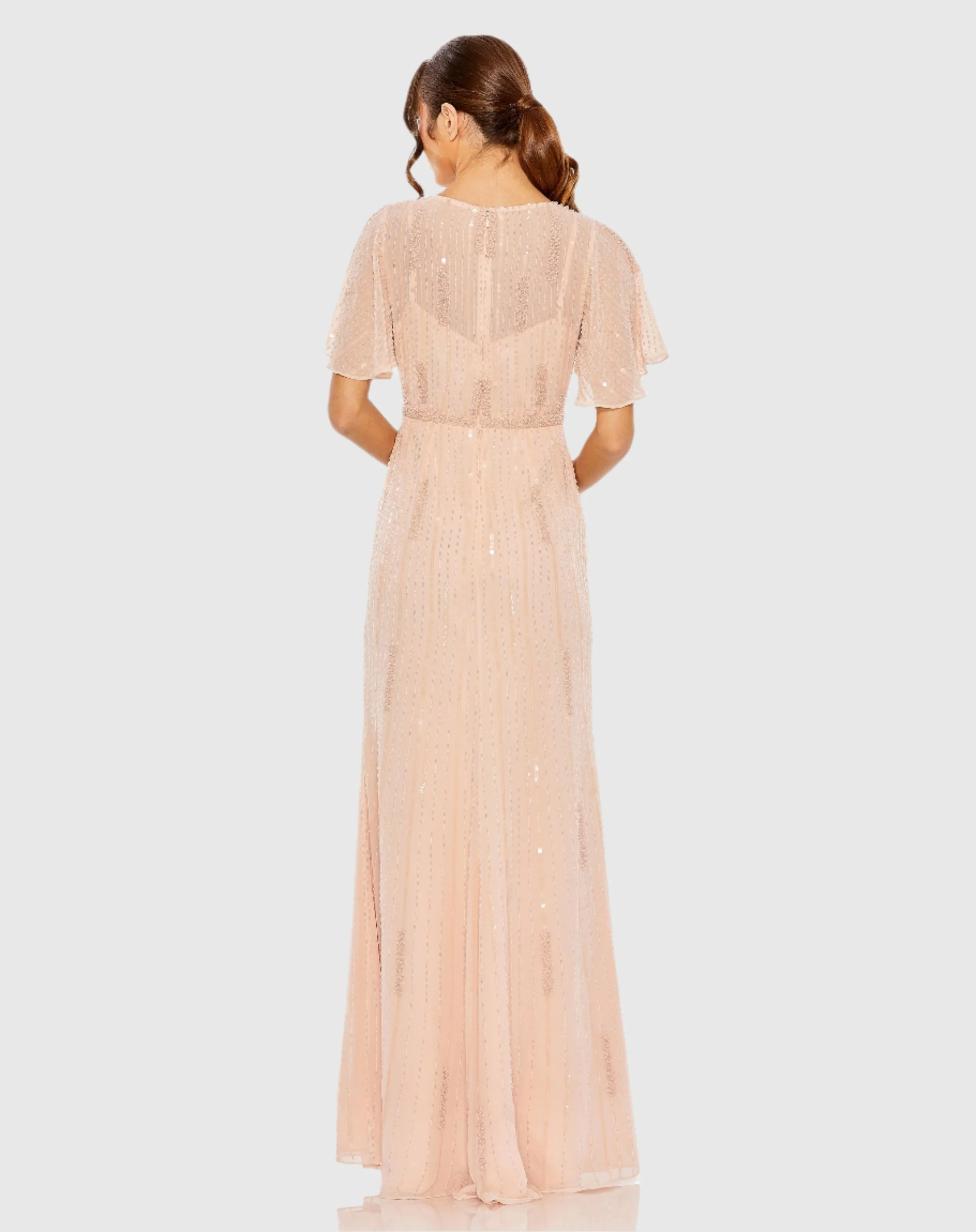 Pink High Neck Flutter Sleeve Embellished Gown