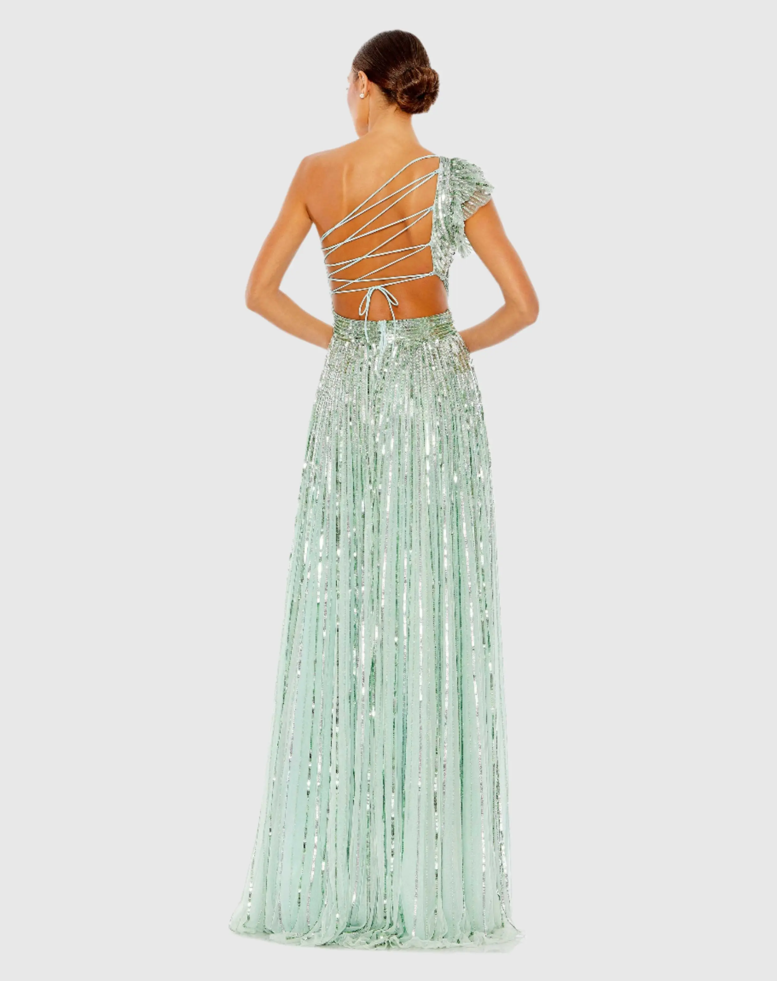 Light Green Sequined One Shoulder Flutter Sleeve A Line Gown