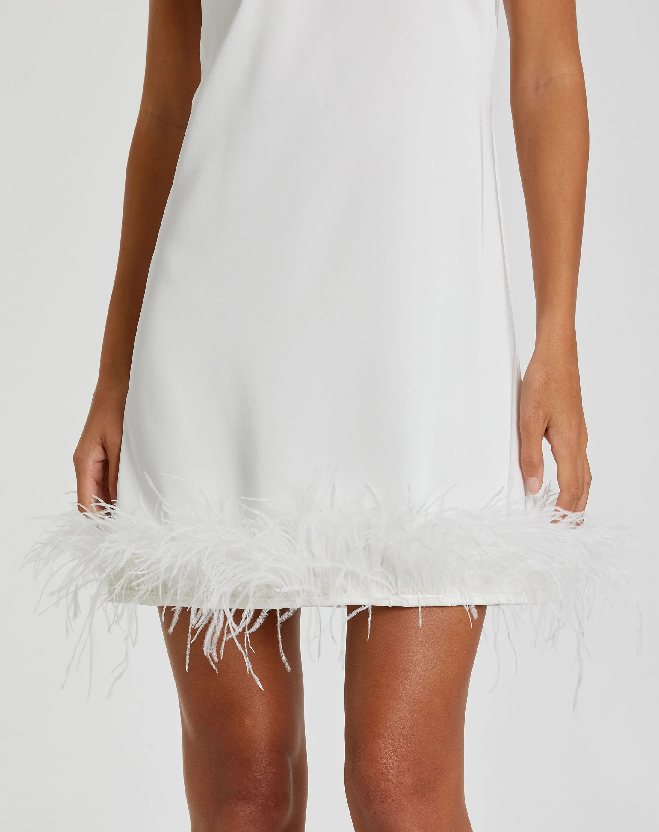 White Feathered Hem High Neck Sleeveless A Line Dress