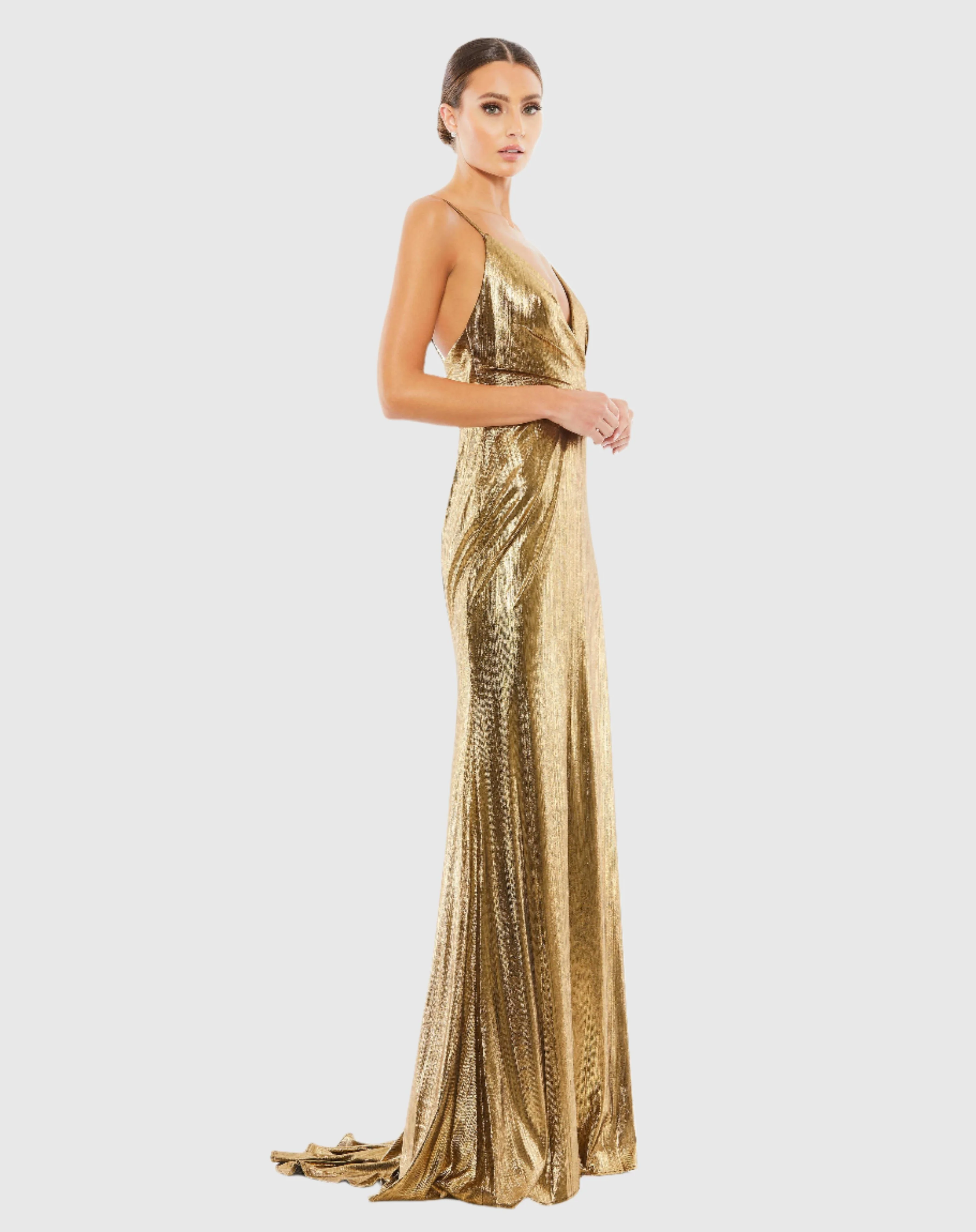 Gold Metallic Faux Wrap Spaghetti Strap Gown
