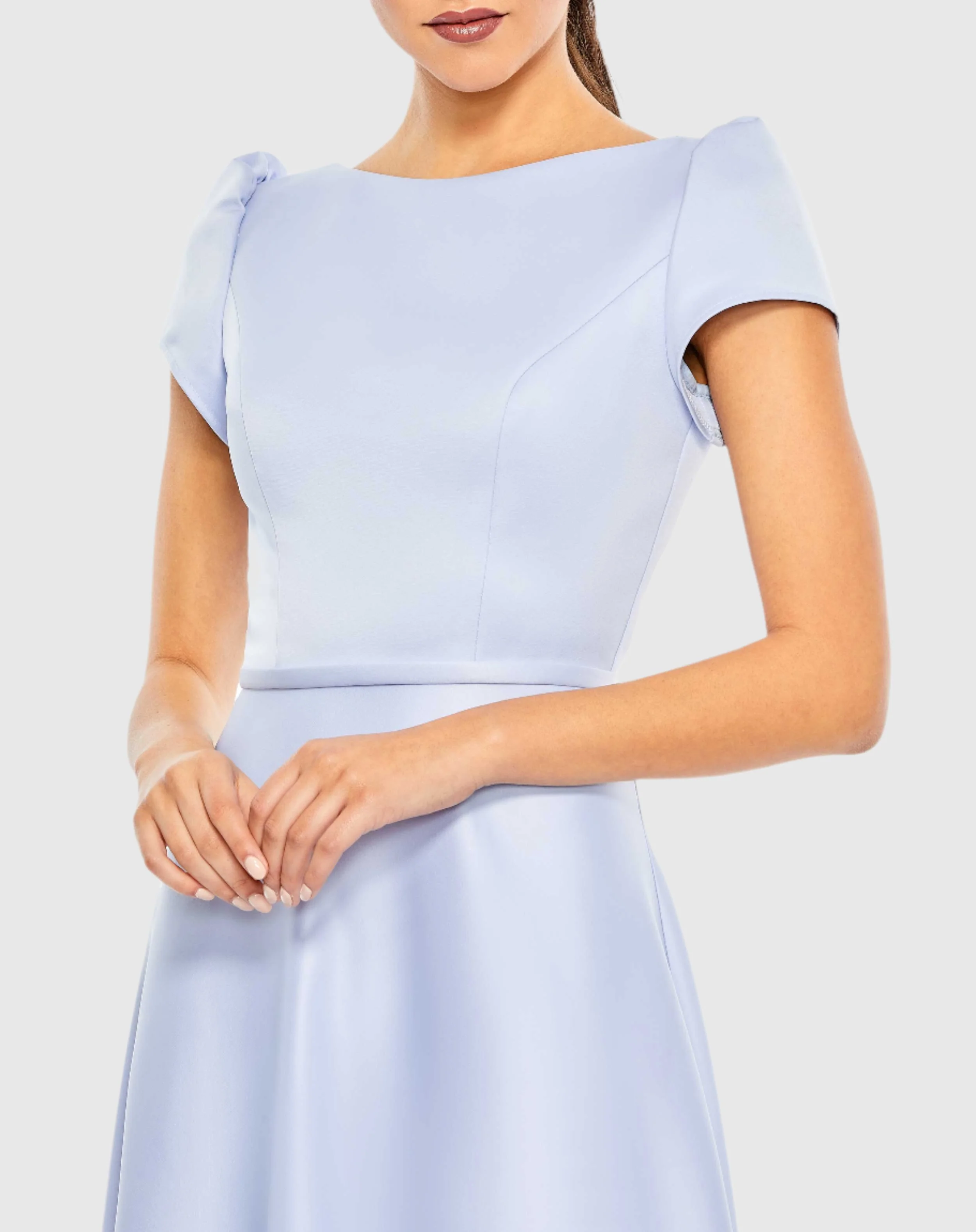Blue Satin Puff Shoulder Tea Length Dress