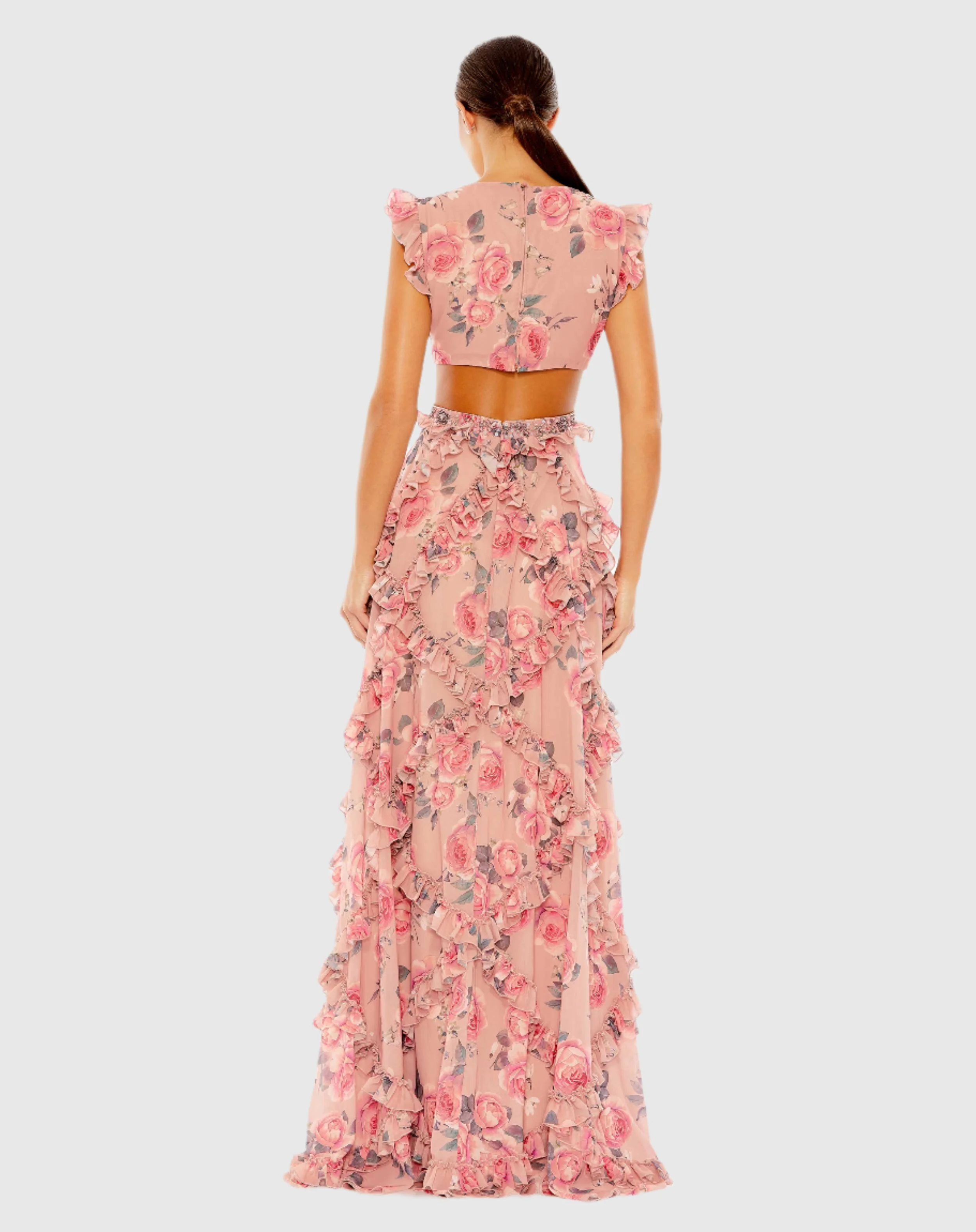 Pink Ruffled Cut Out Cap Sleeve V Neck Gown