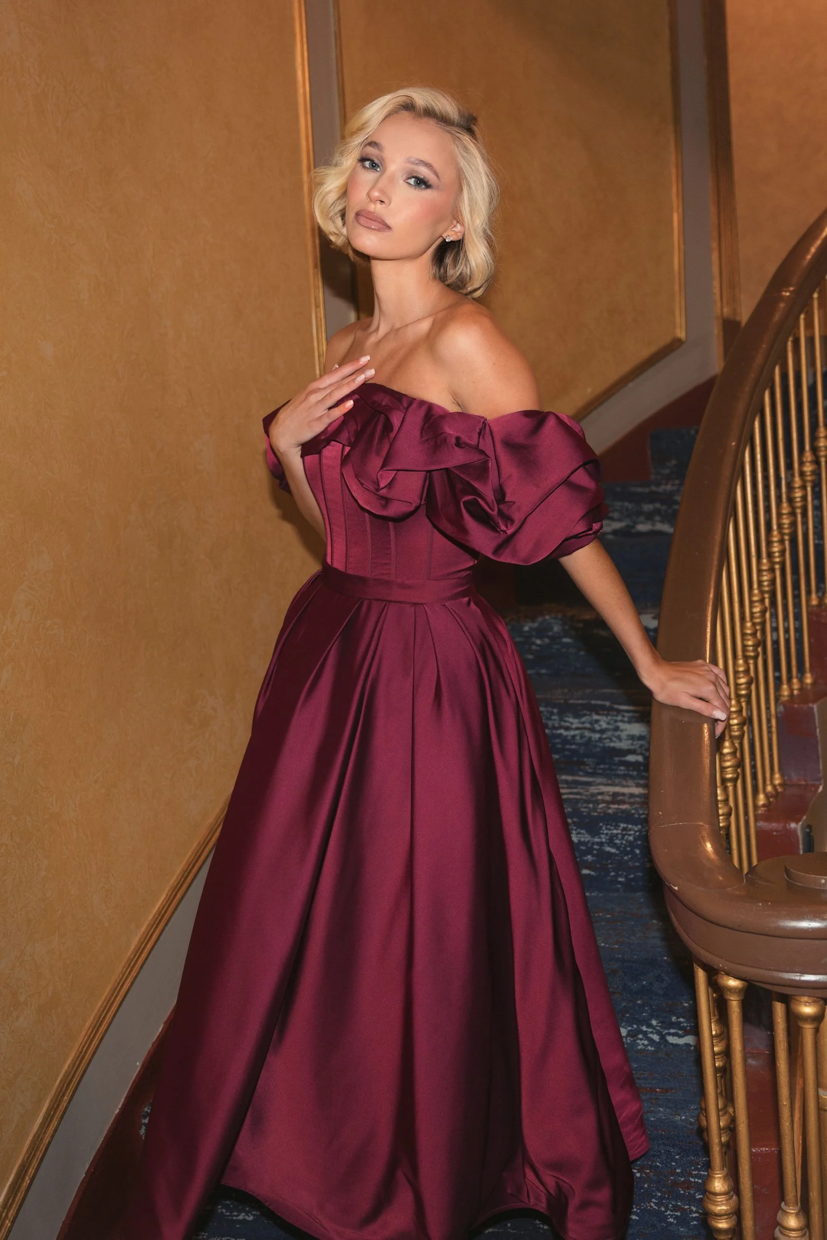 Plum Off The Shoulder Tea Length Dress