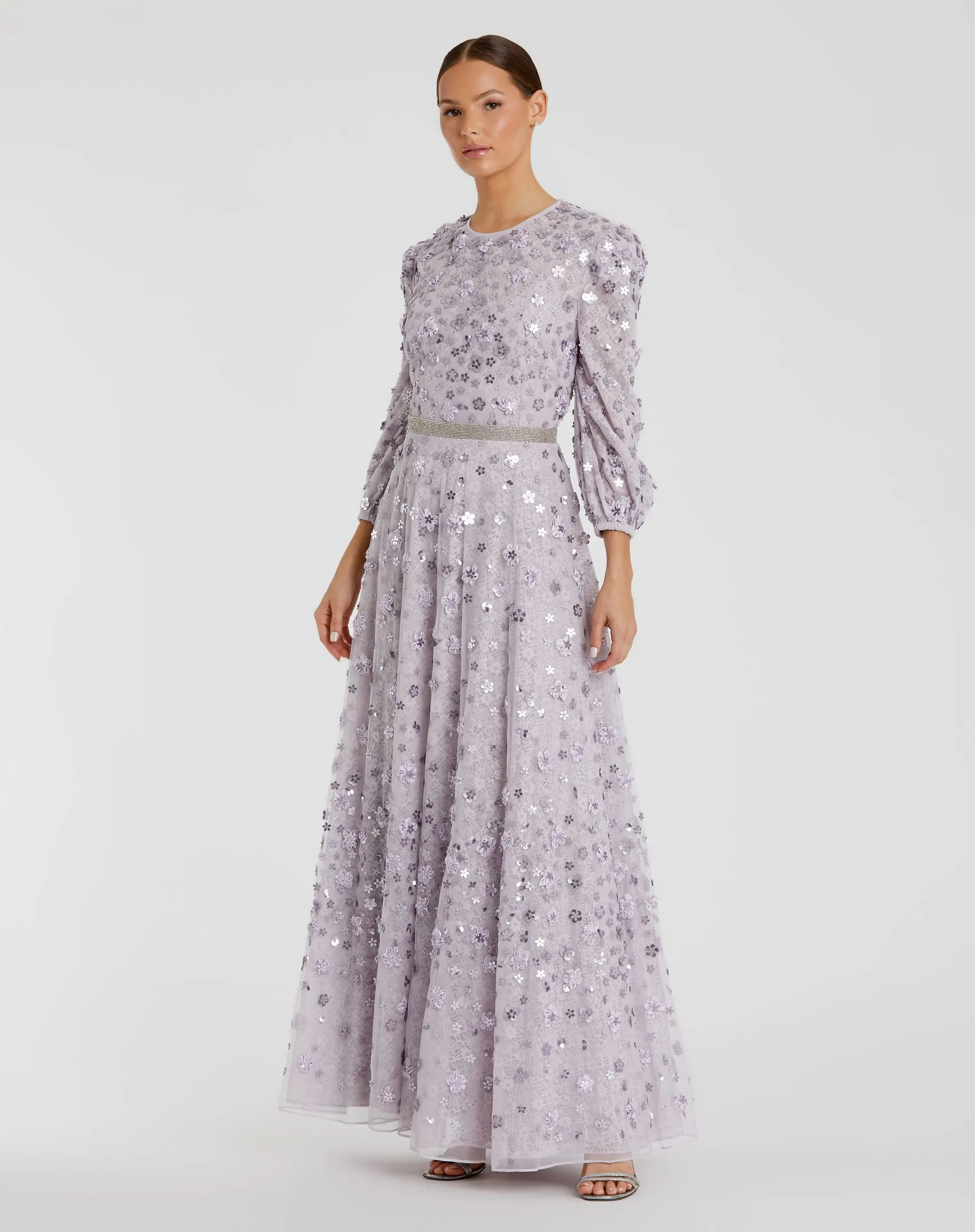 Purple Floral Applique Puff Sleeve High Neck A-Line Gown