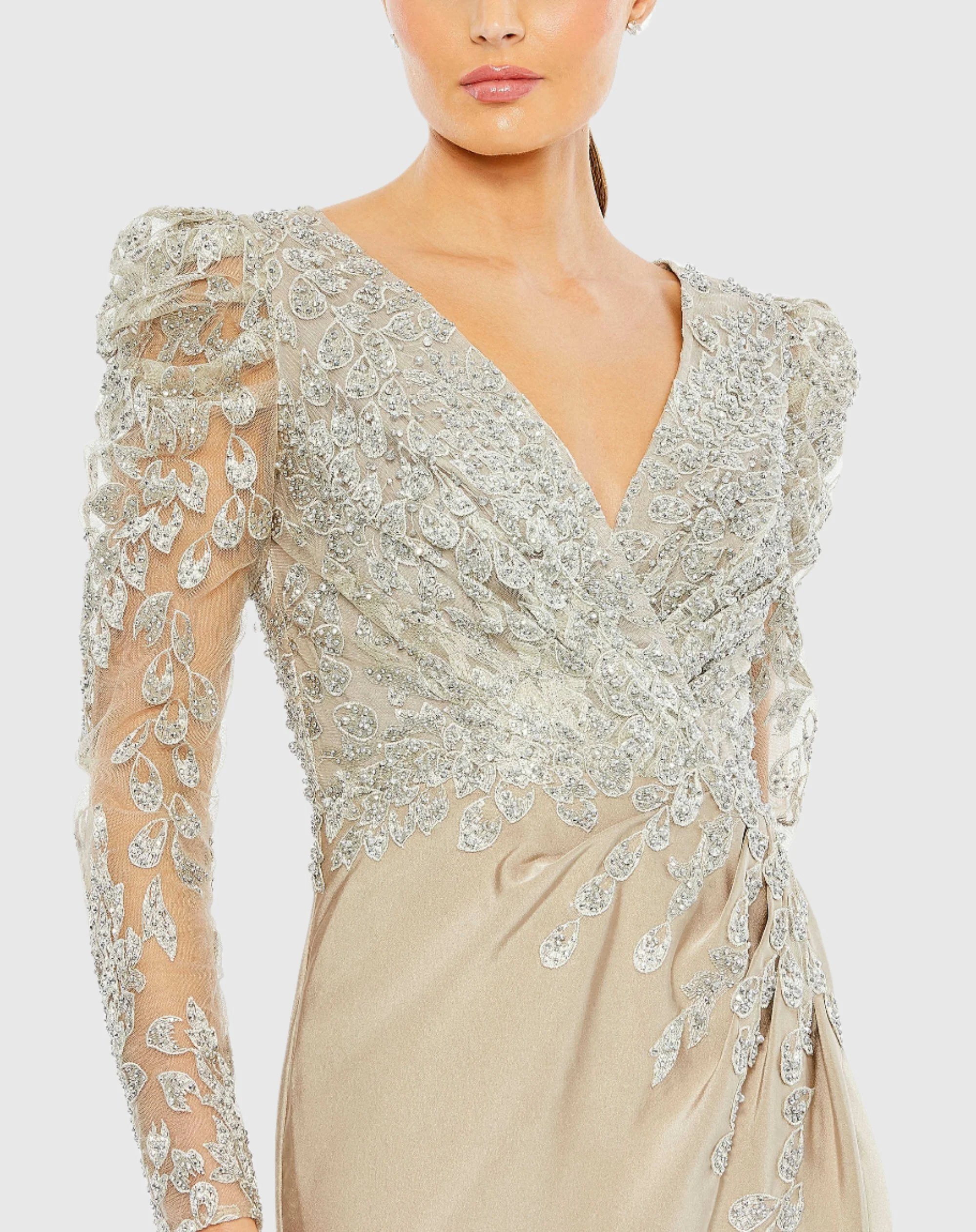 Embellished Faux Wrap Illusion Puff Sleeve Gown