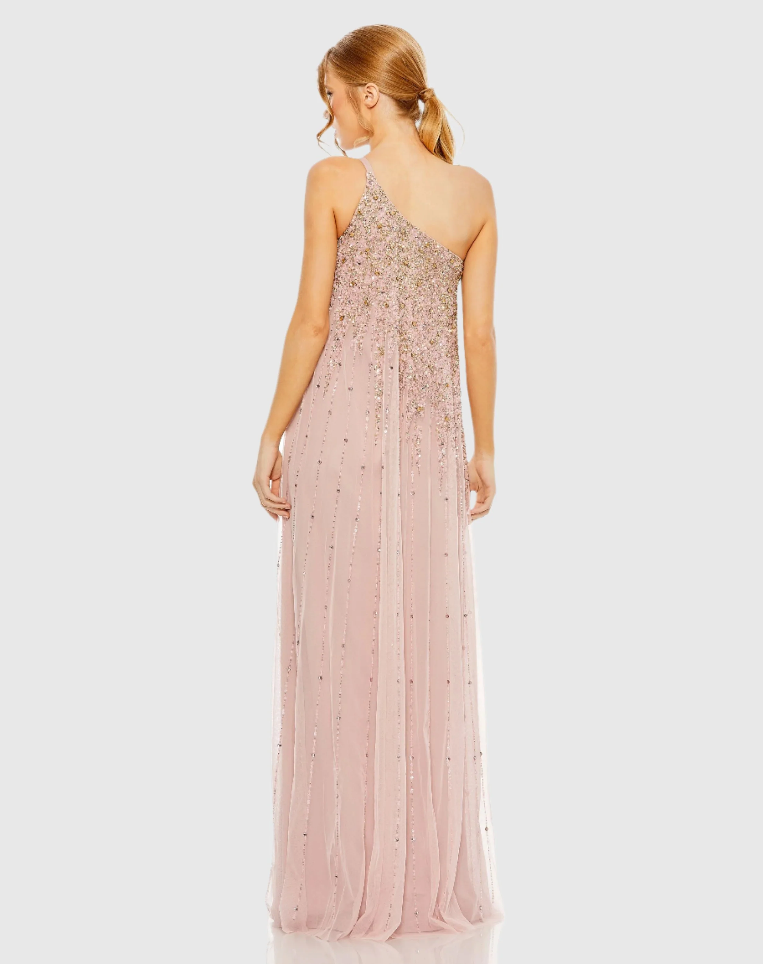 Pink One Shoulder Embellished Trapeze A Line Gown