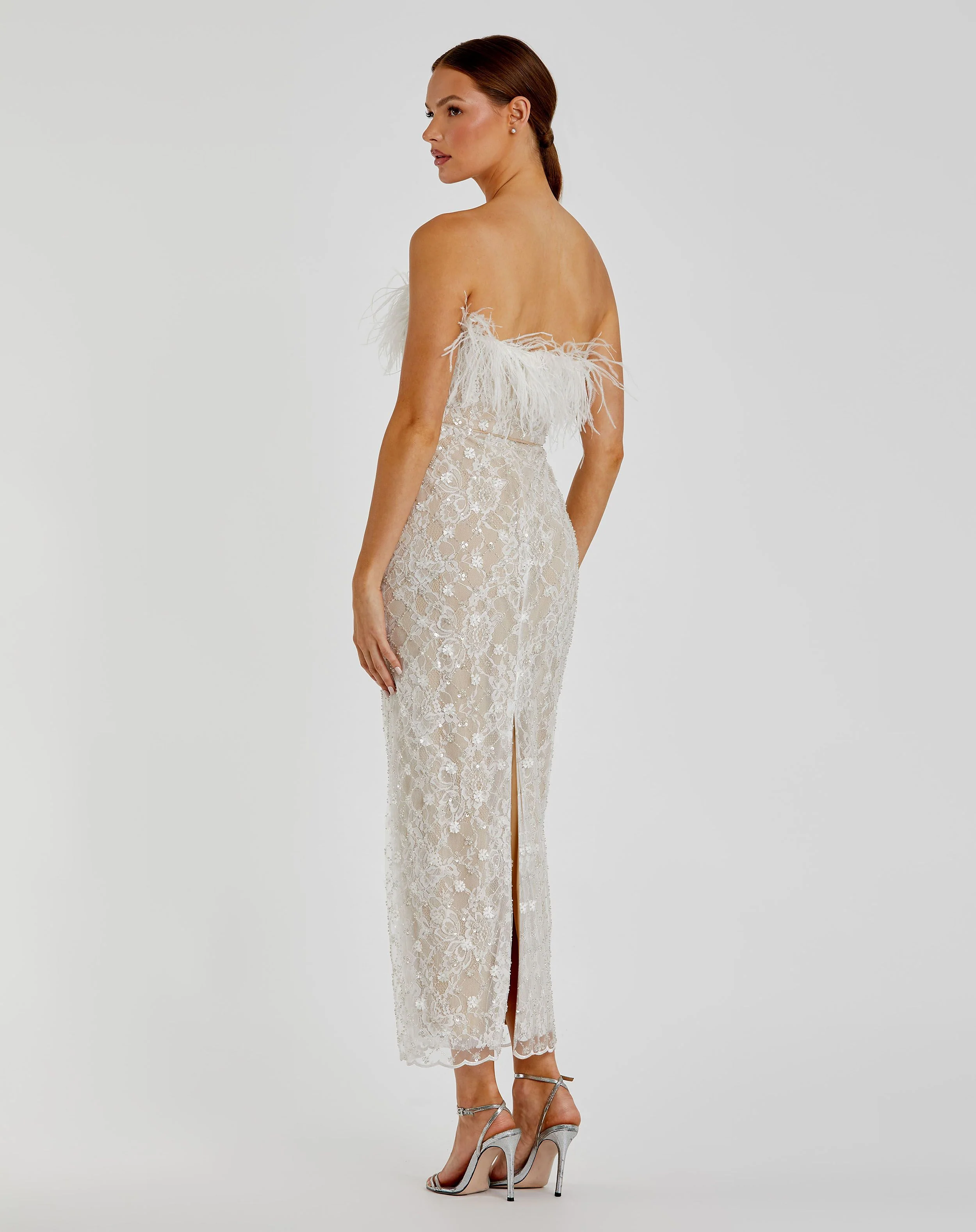 White and Beige Embellished Feather Strapless Column Dress