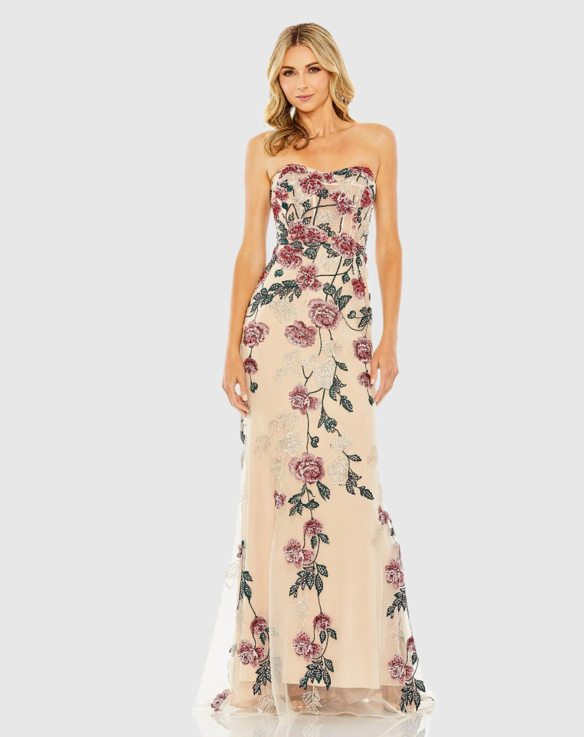 Beige Strapless Floral Embroidered Gown