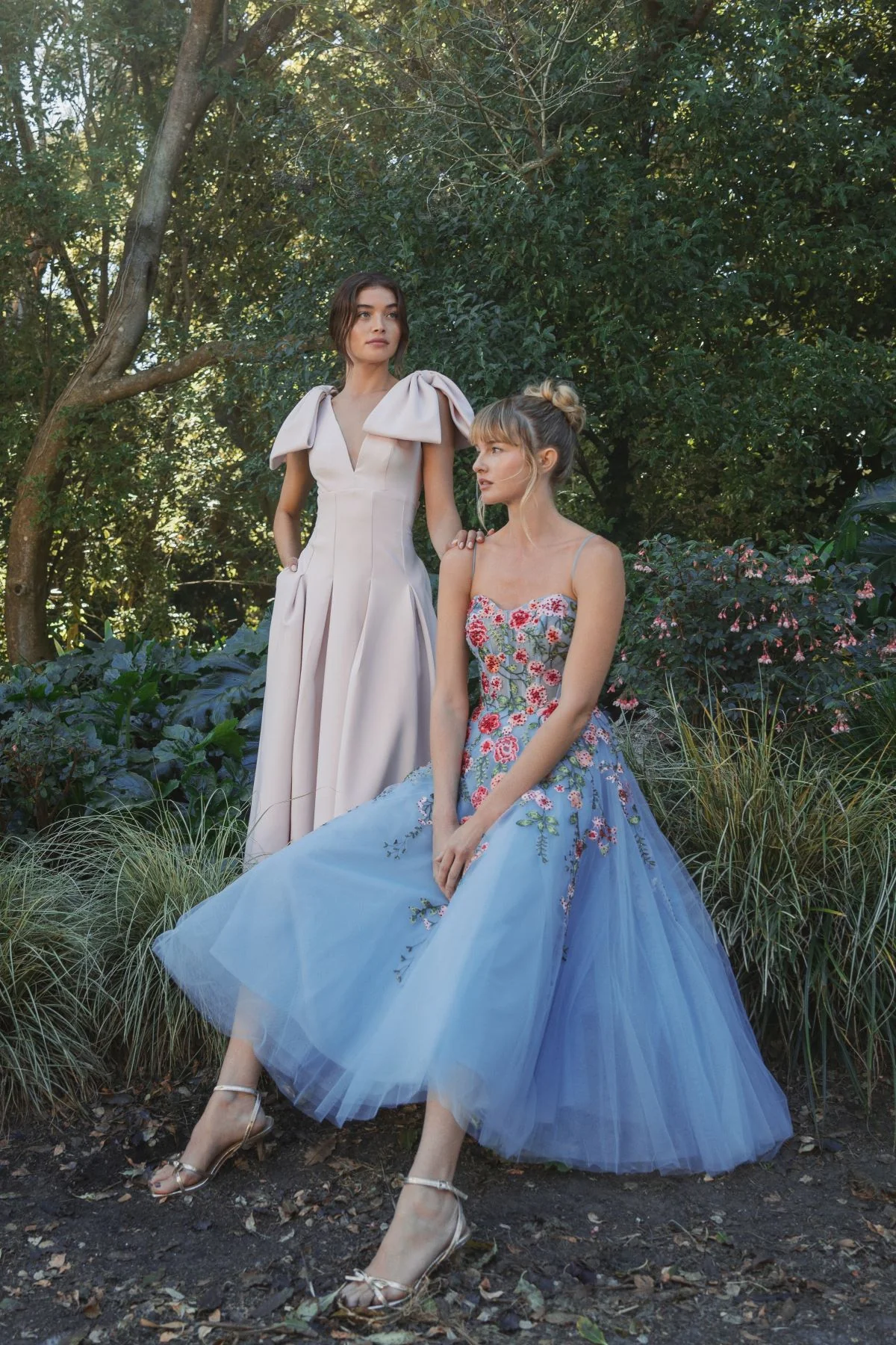 Blue Slim Strap Sheer Bustier Embroidered Dress