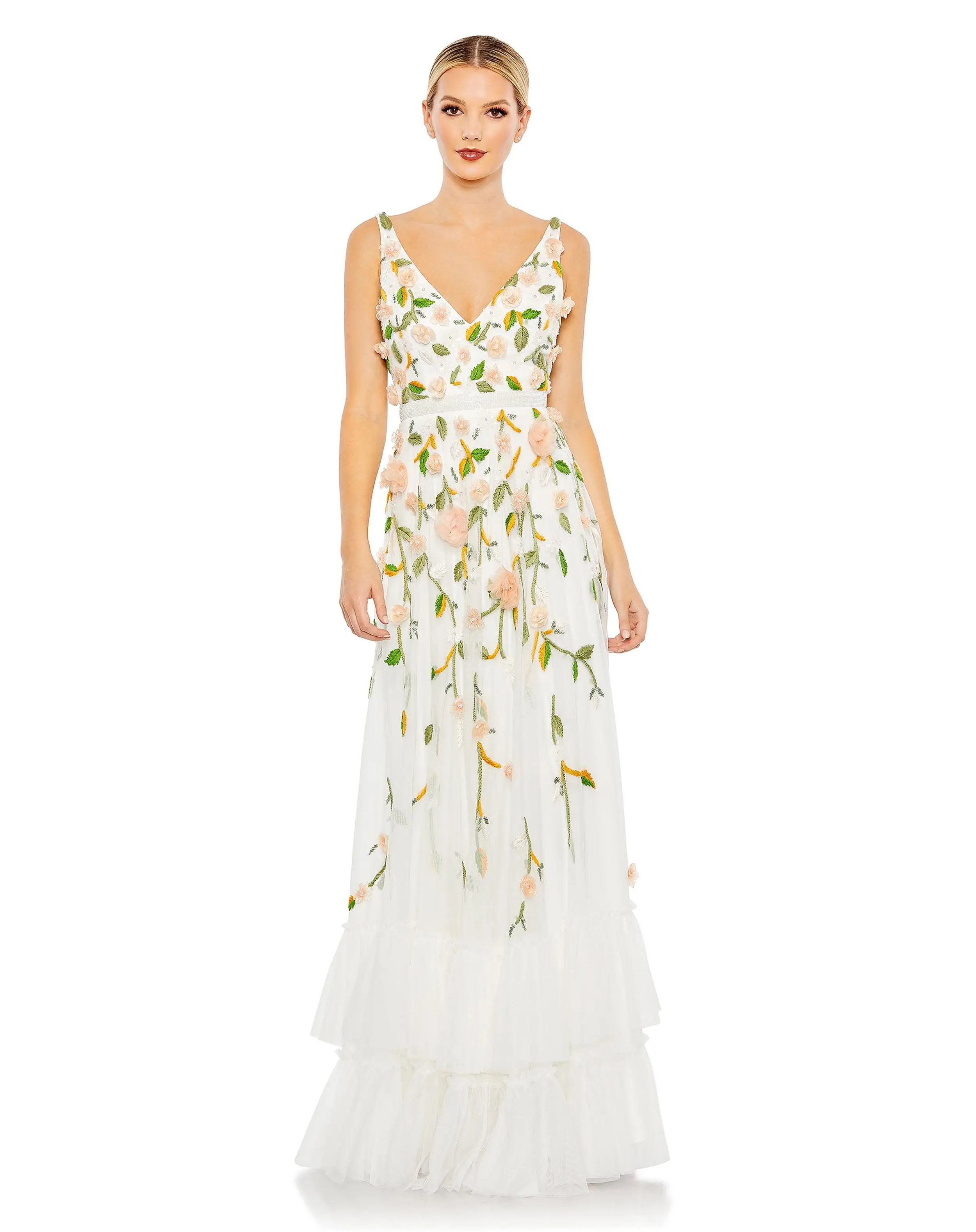 White Multicolor Embellished Sleeveless V Neck A Line Gown