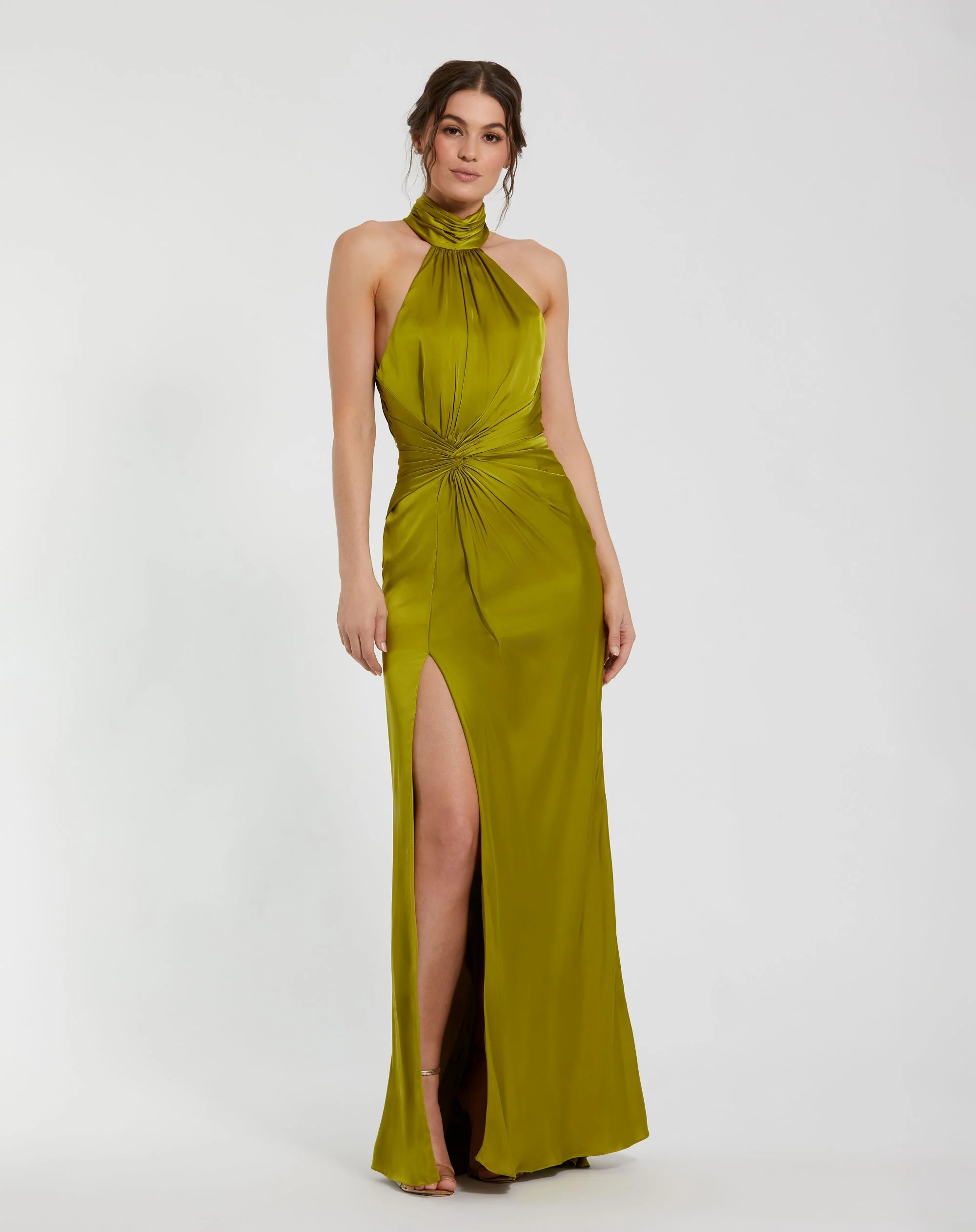 Dark Green Open Back High Neck Side Ruched Gown