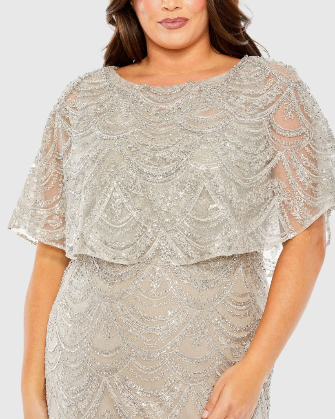 Beige High Neck Embellished Column Dress With Cape (Plus)