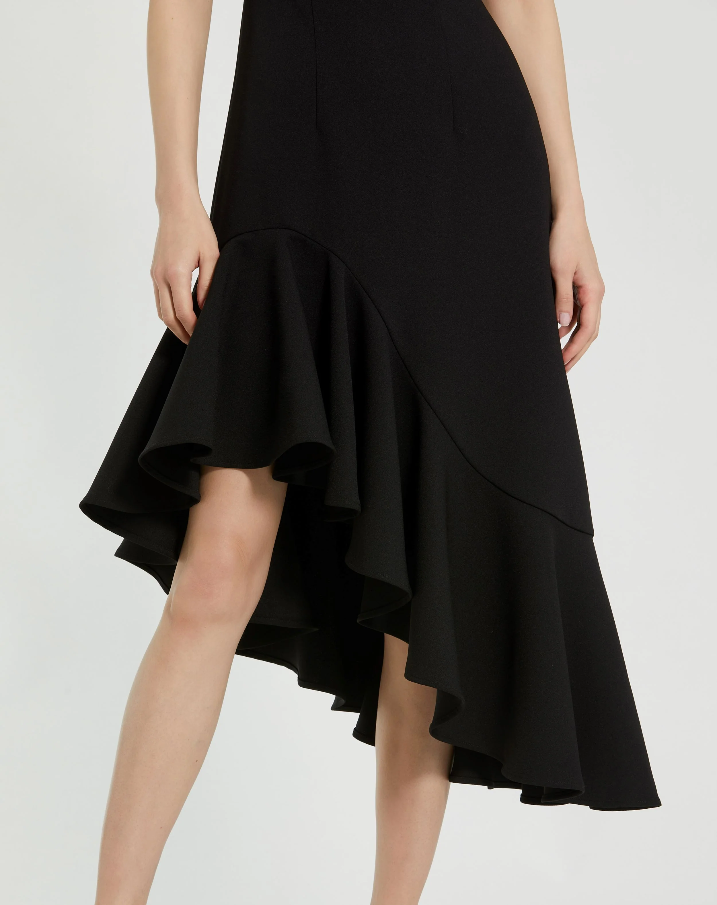 Black Crepe 3/4 Sleeve Asymmetrical Hem Dress