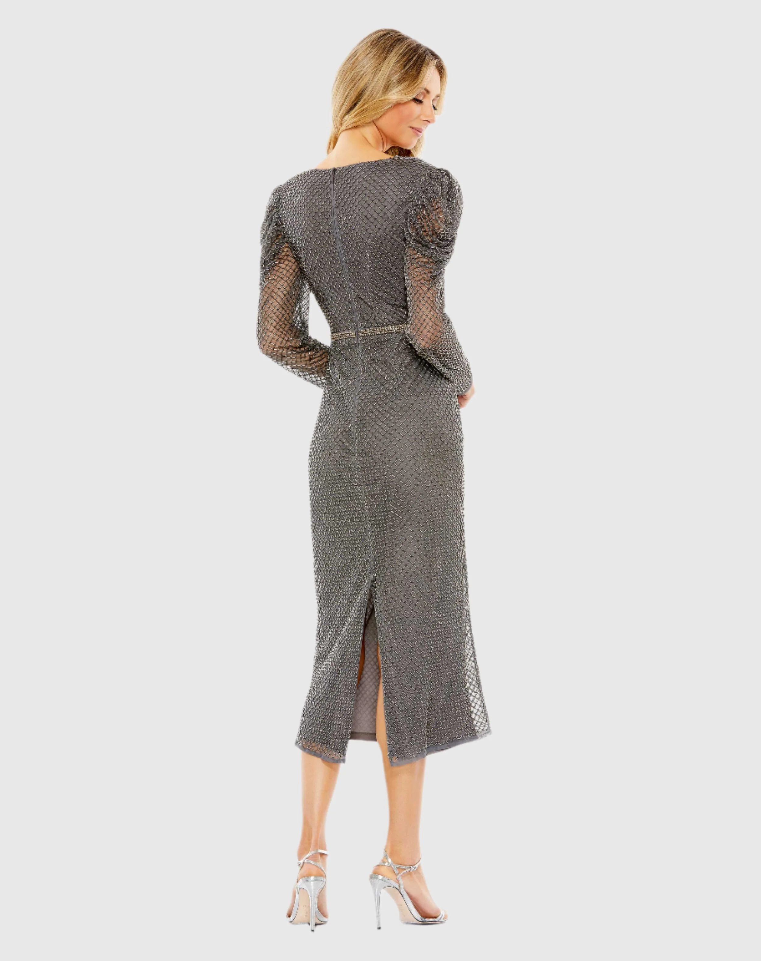 Gray Beaded Wrap Over Puff Sleeve Dress - FINAL SALE