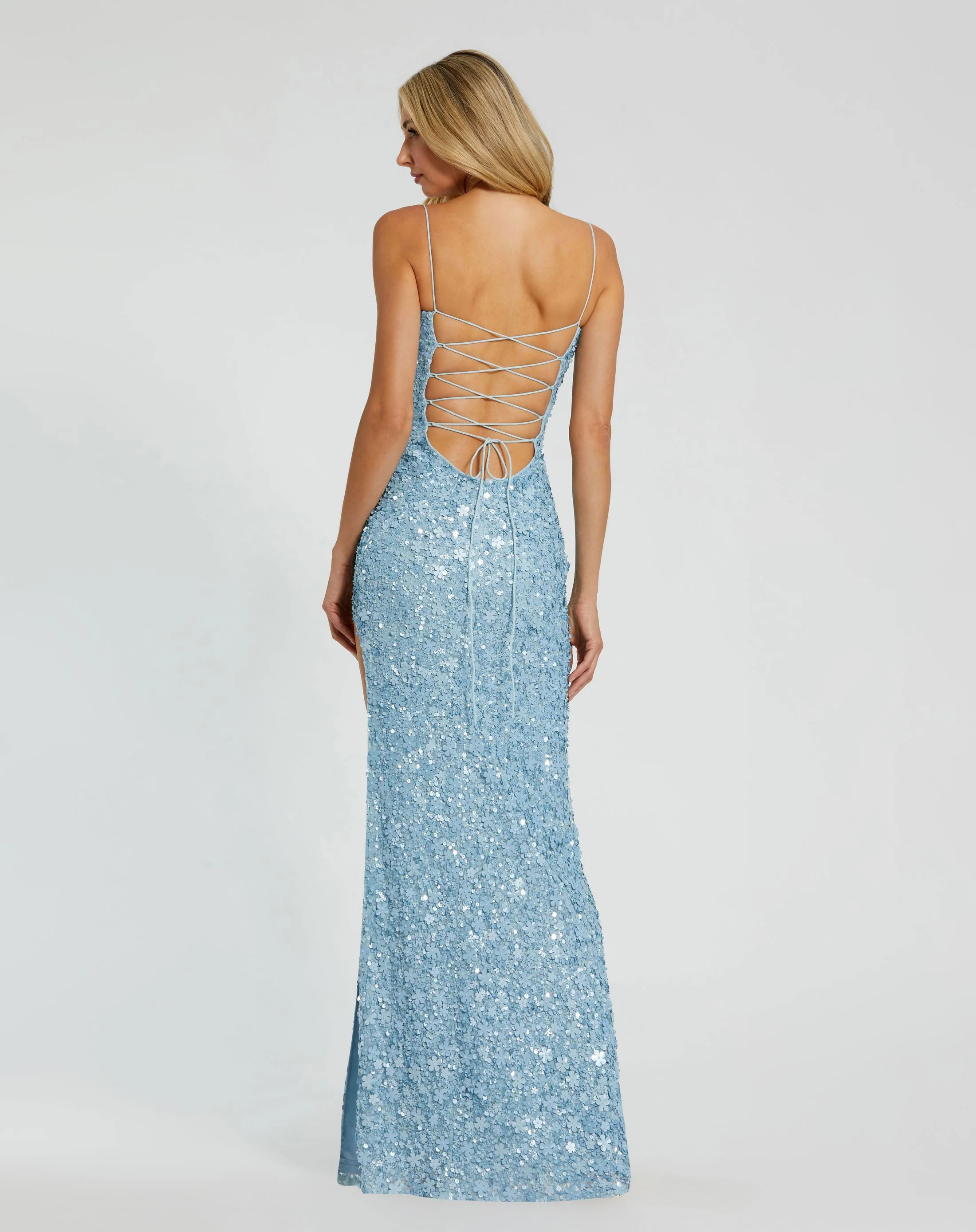 Blue Embellished Spaghetti Strap Sweetheart Gown with Slit