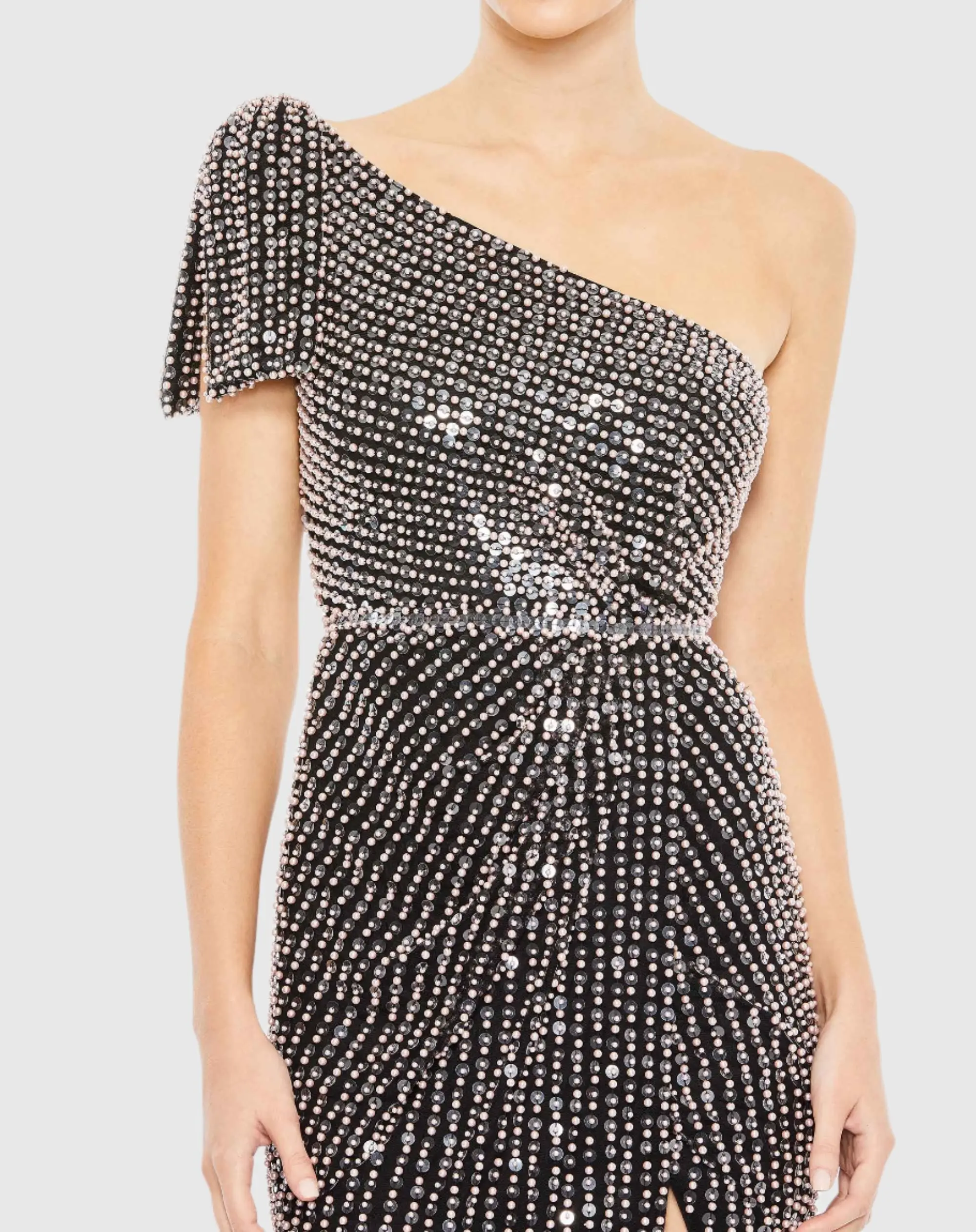 Black Pearl Embellished Soft Tie One Shoulder Gown