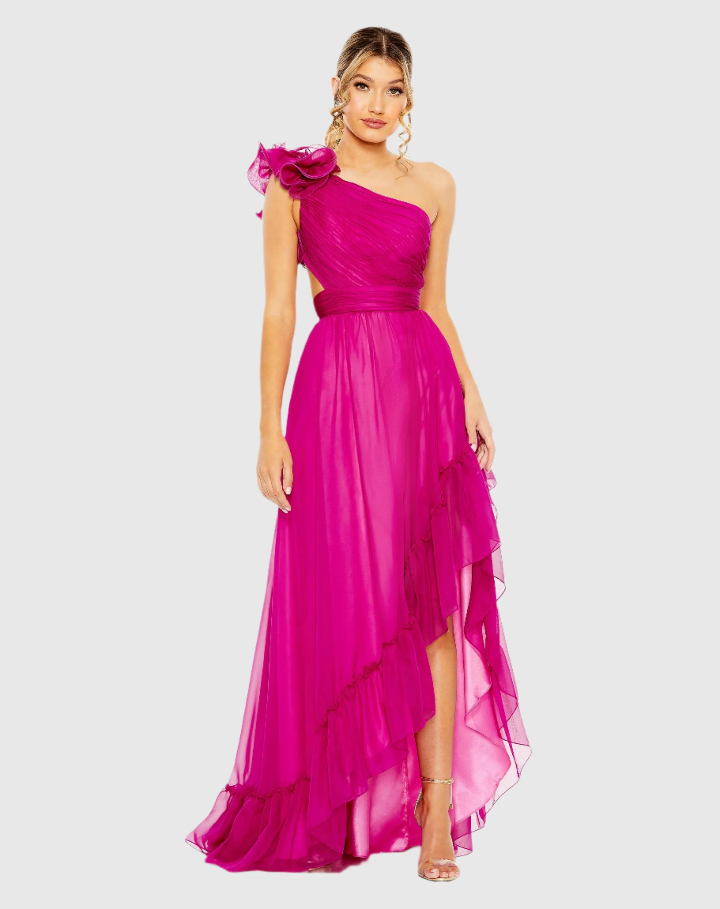 Purple Ruffled One Shoulder Asymmetrical Gown