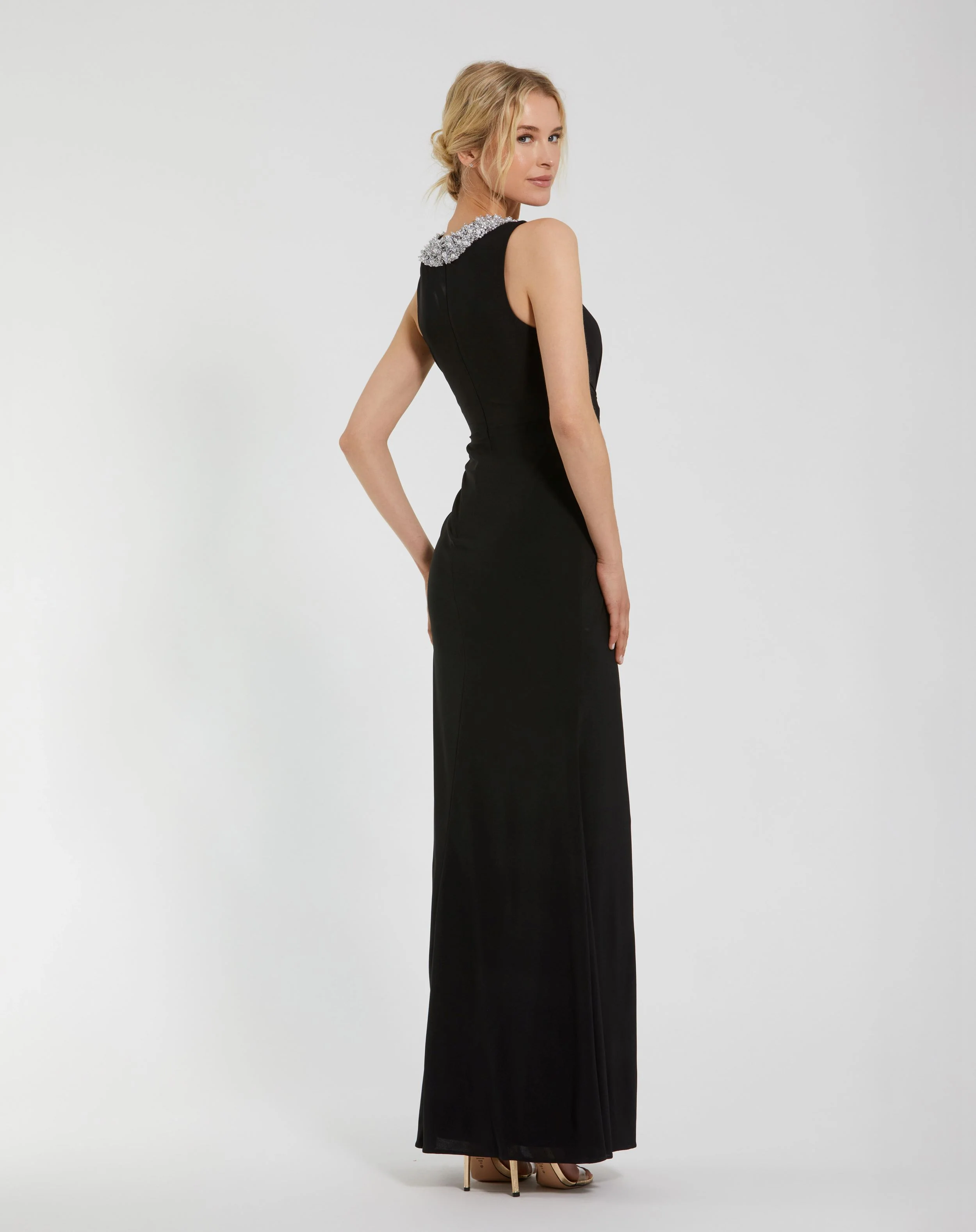 Black Jersey Sleeveless Beaded Neck Gown With Twist