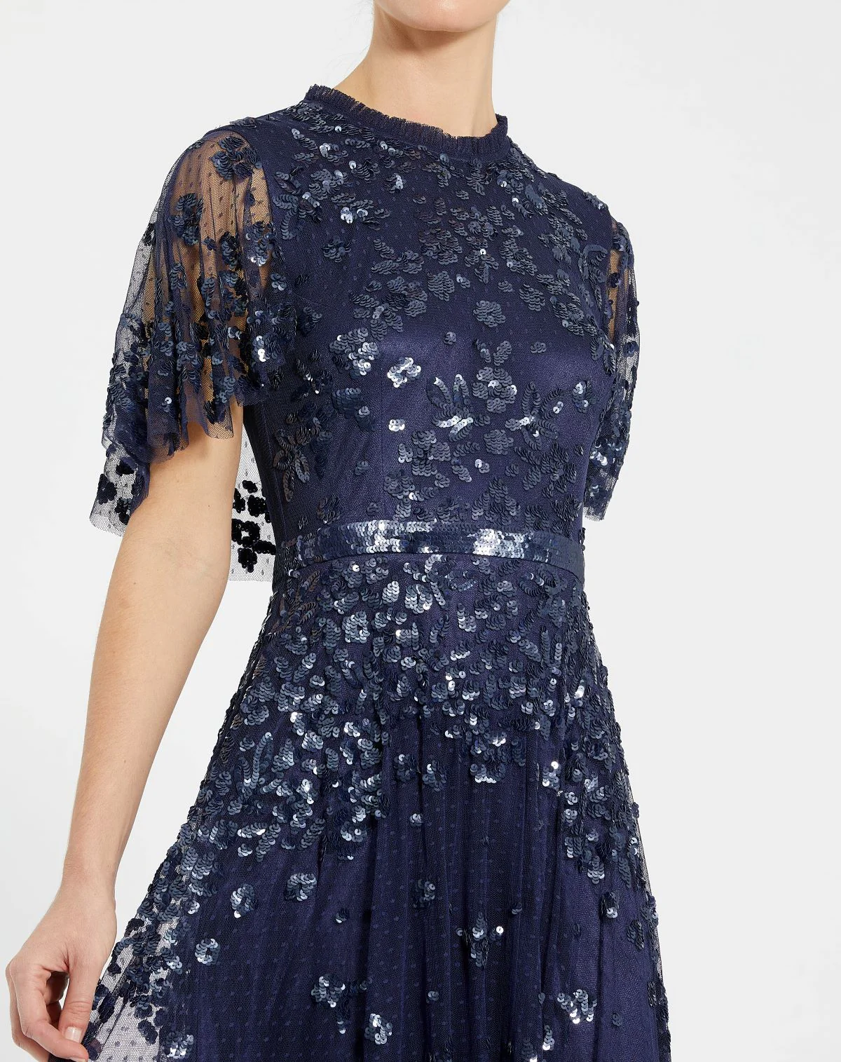 Navy Sequined High Neck Flutter Sleeve A Line Gown