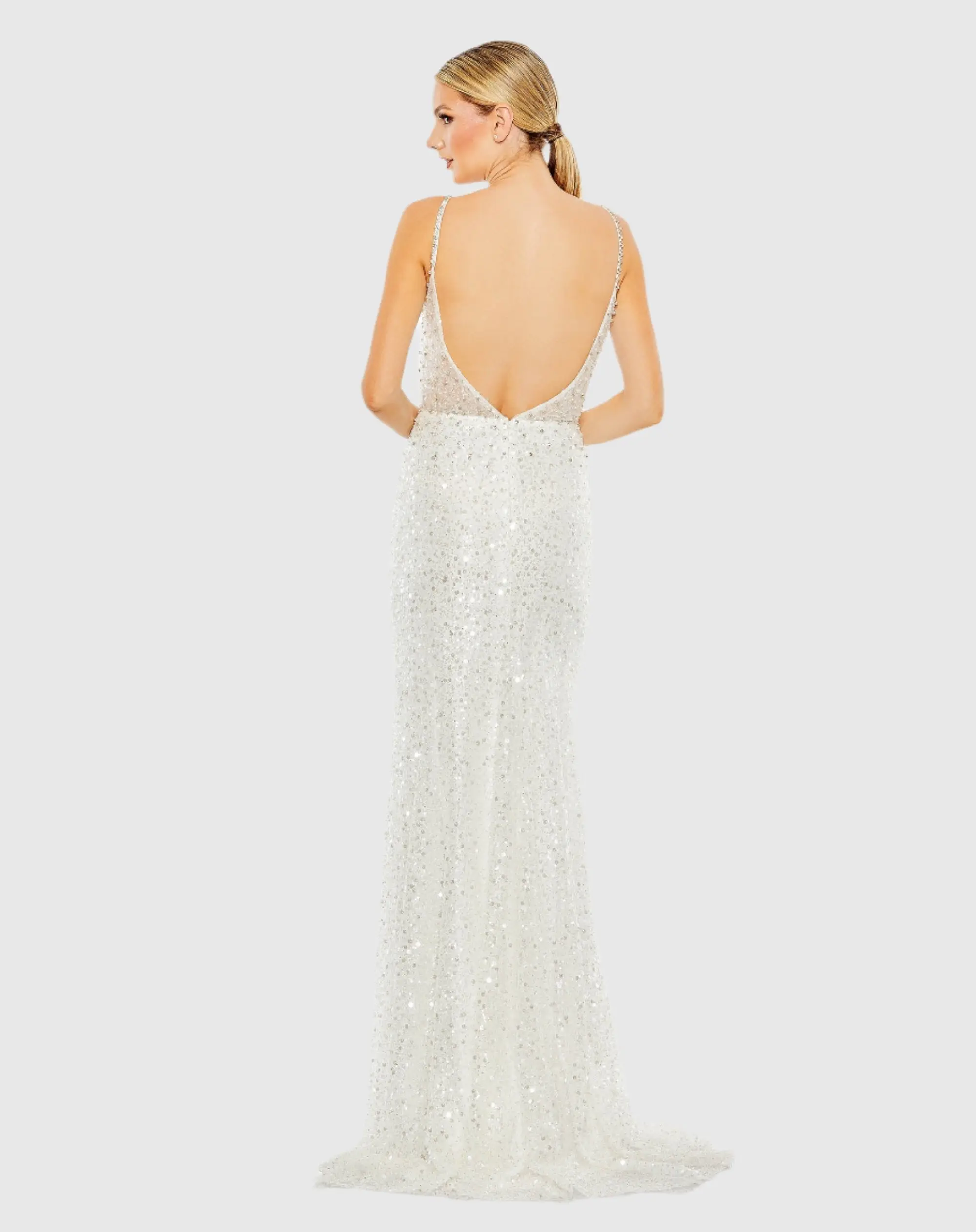 White Embellished Plunge Neck Sleeveless Trumpet Gown